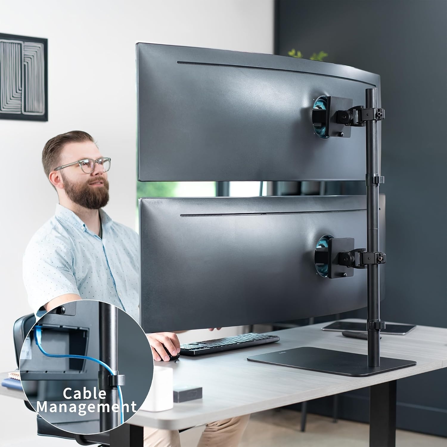 image:imageVIVO Freestanding Dual Vertically Stacked UltraWide Monitor Desk Stand Extra Tall Heavy Duty Adjustable Mount for 2 Ultrawide Screens up to 45 inches 25 lbs Per Screen Capacity Black STANDV200LUp to 49