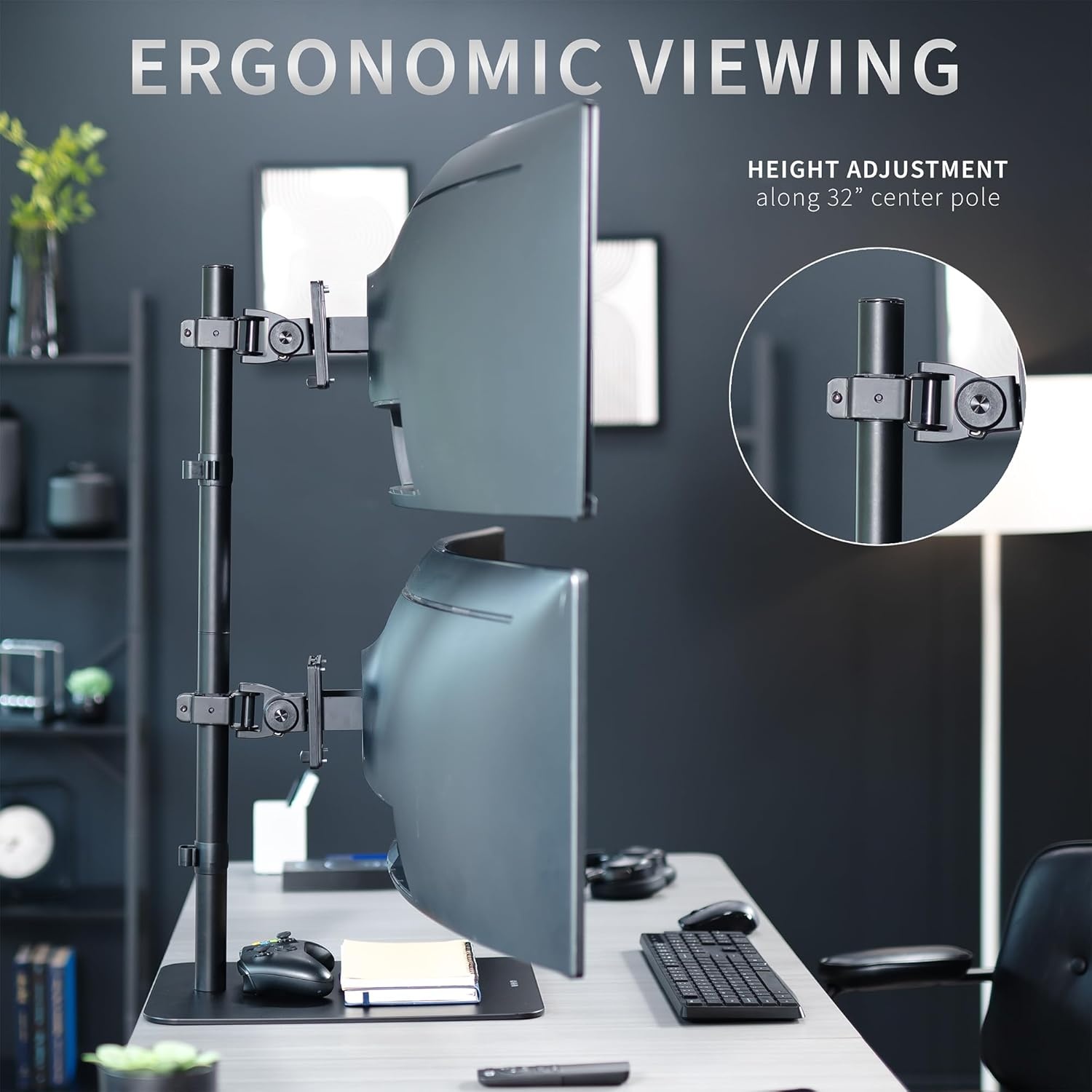 image:imageVIVO Freestanding Dual Vertically Stacked UltraWide Monitor Desk Stand Extra Tall Heavy Duty Adjustable Mount for 2 Ultrawide Screens up to 45 inches 25 lbs Per Screen Capacity Black STANDV200LUp to 49