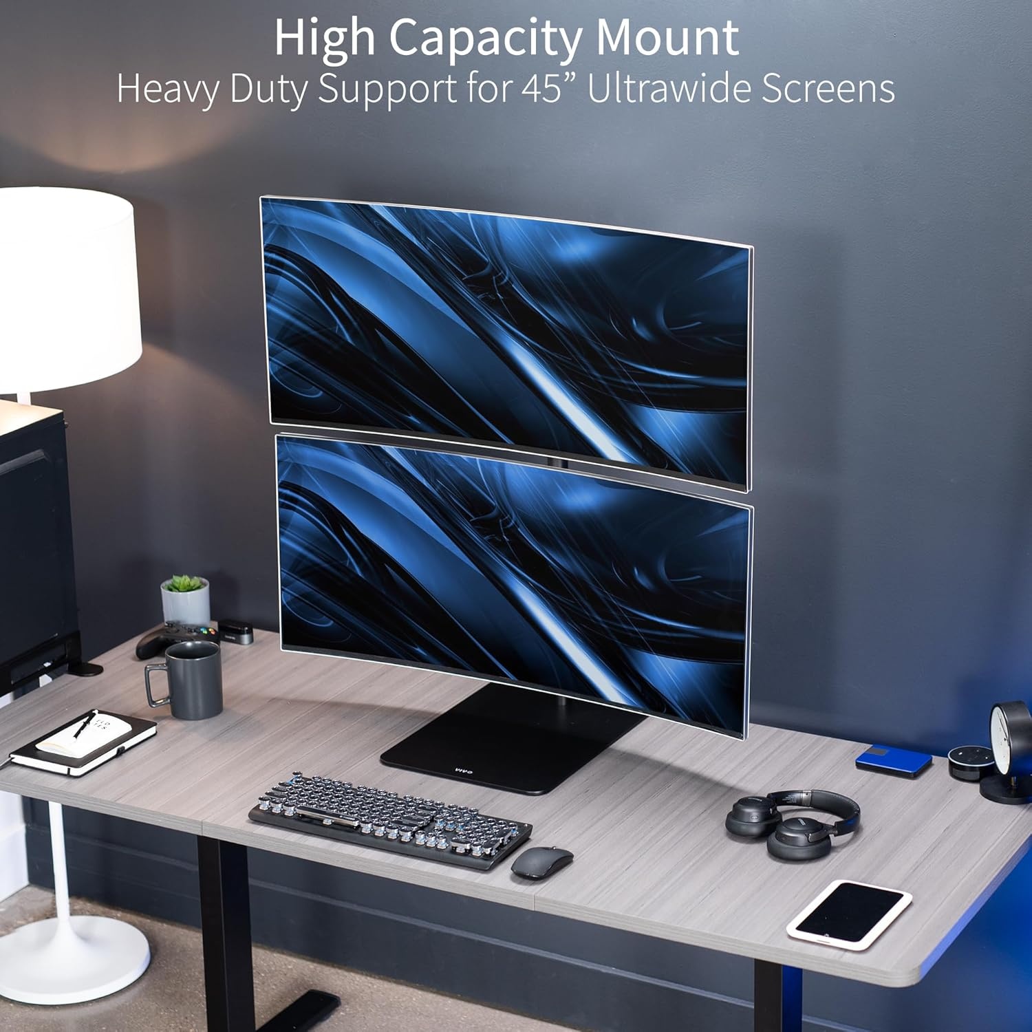 image:imageVIVO Freestanding Dual Vertically Stacked UltraWide Monitor Desk Stand Extra Tall Heavy Duty Adjustable Mount for 2 Ultrawide Screens up to 45 inches 25 lbs Per Screen Capacity Black STANDV200LUp to 45