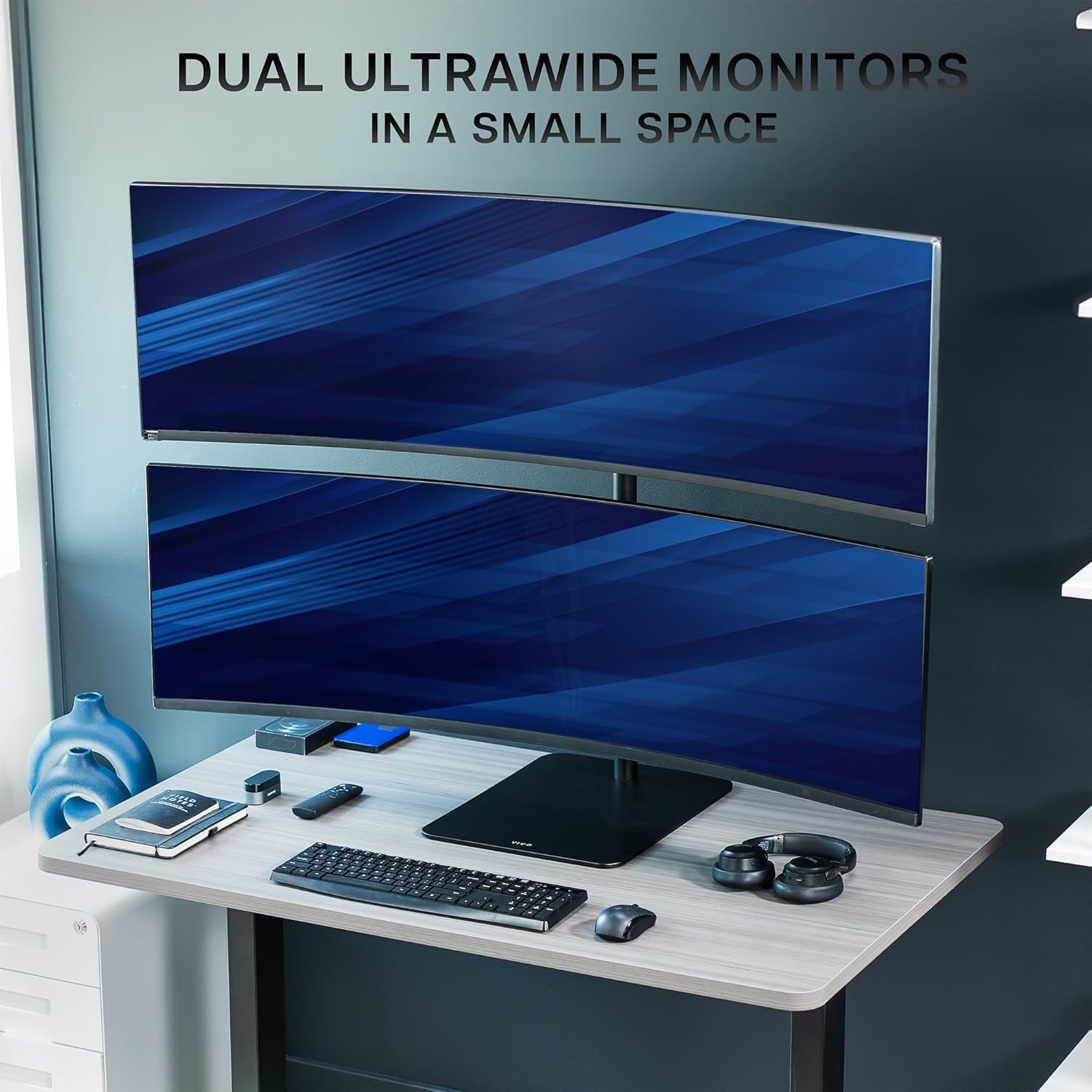 image:imageVIVO Freestanding Dual Vertically Stacked UltraWide Monitor Desk Stand Extra Tall Heavy Duty Adjustable Mount for 2 Ultrawide Screens up to 45 inches 25 lbs Per Screen Capacity Black STANDV200LUp to 49