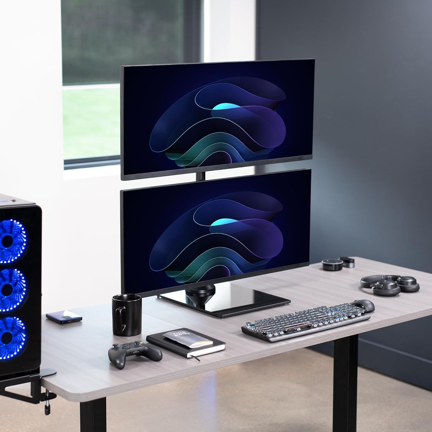 image:imageVIVO Freestanding Dual Vertically Stacked UltraWide Monitor Desk Stand Extra Tall Heavy Duty Adjustable Mount for 2 Ultrawide Screens up to 45 inches 25 lbs Per Screen Capacity Black STANDV200LUp to 34