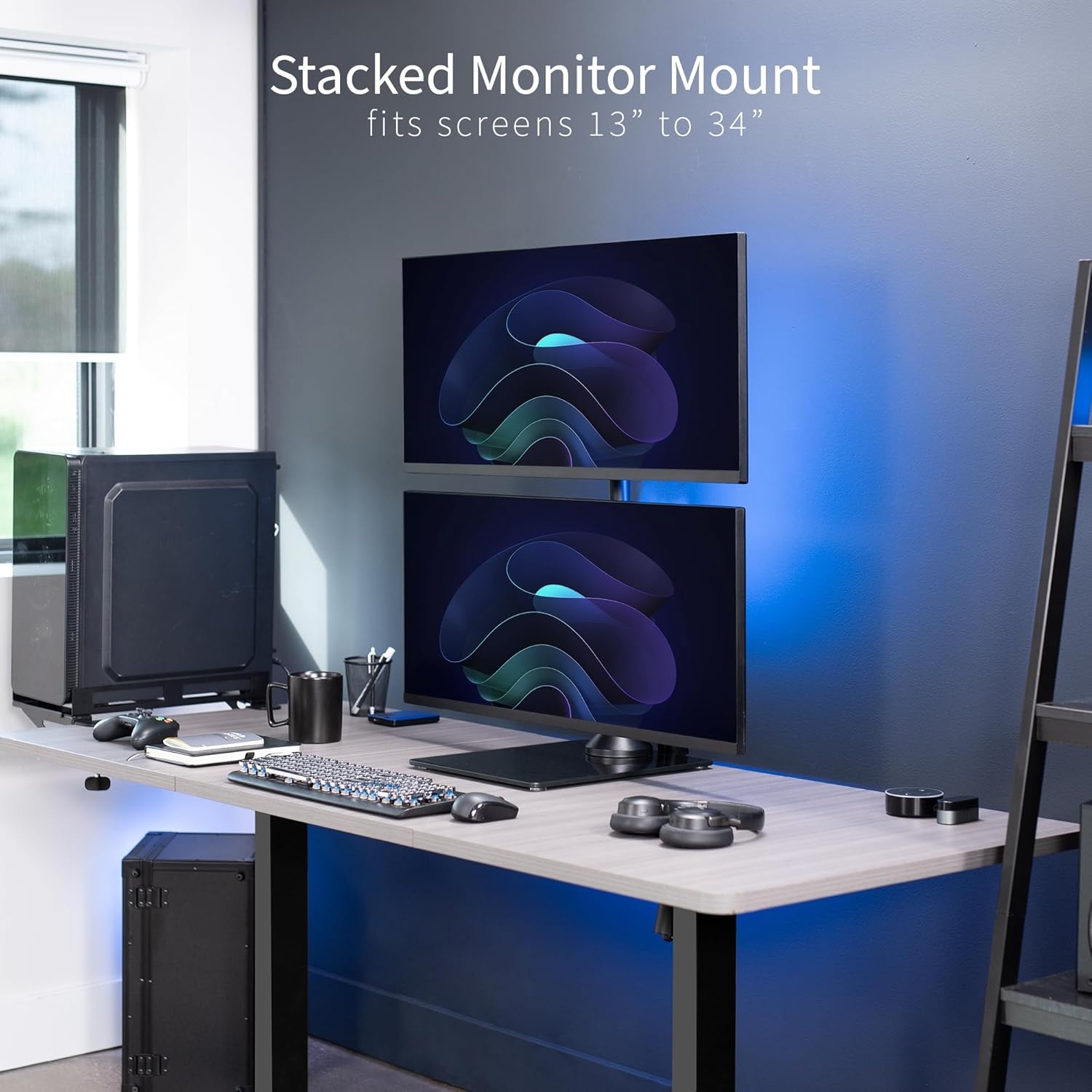 image:imageVIVO Freestanding Dual Vertically Stacked UltraWide Monitor Desk Stand Extra Tall Heavy Duty Adjustable Mount for 2 Ultrawide Screens up to 45 inches 25 lbs Per Screen Capacity Black STANDV200LUp to 34