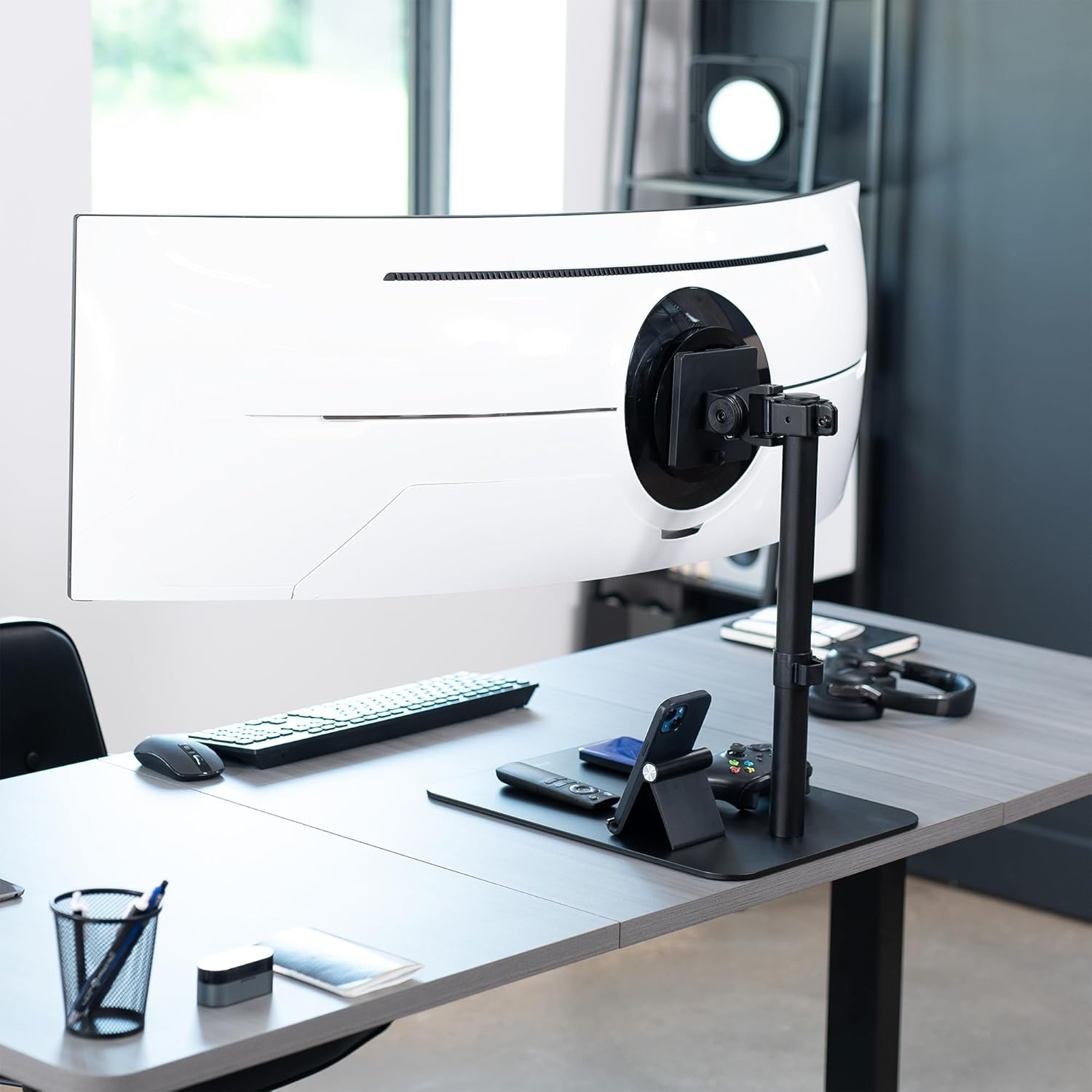 image:imageVIVO Freestanding Single Ultra Wide Monitor Desk Stand Low Profile Heavy Duty Adjustable Mount for 1 Ultrawide Screen up to 49 inches 44 lbs Capacity Black STANDV100F