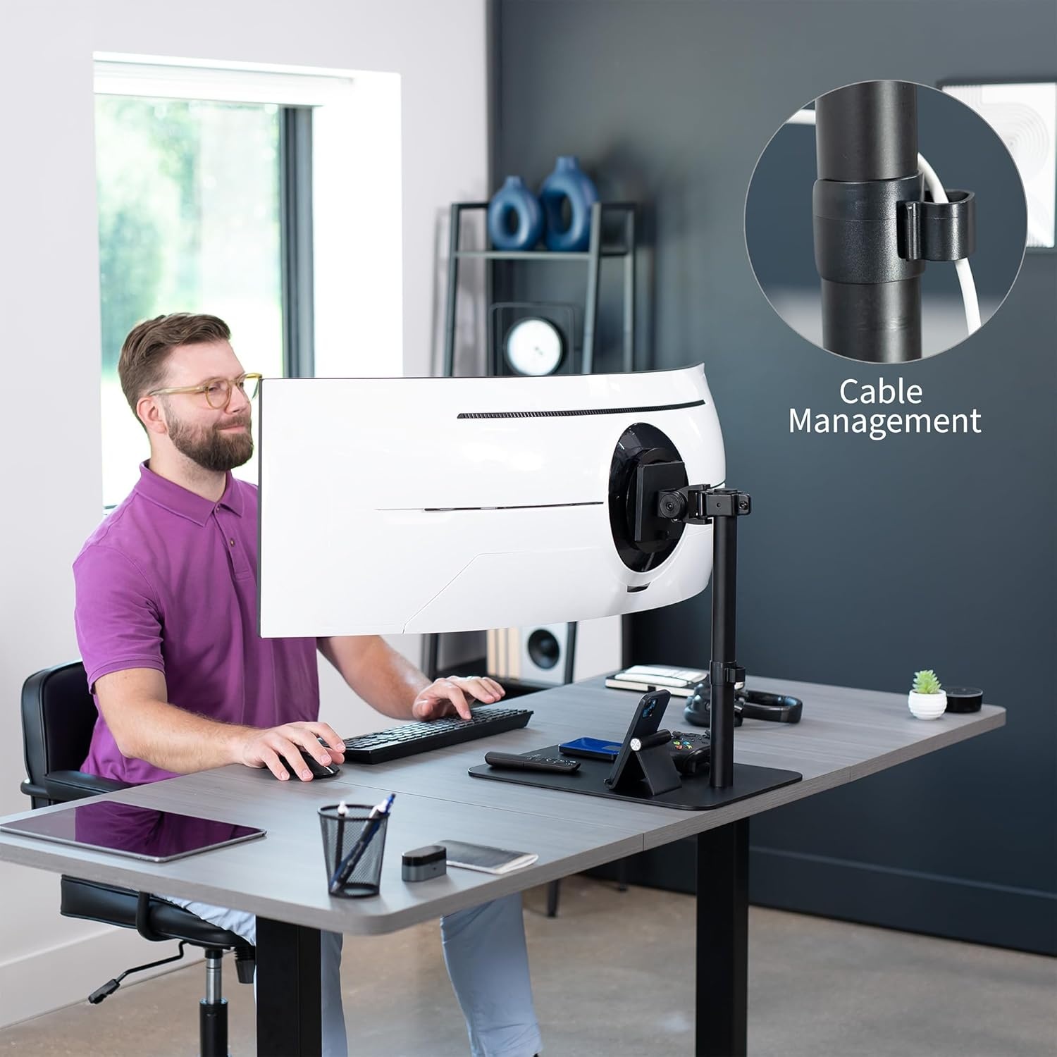 image:imageVIVO Freestanding Single Ultra Wide Monitor Desk Stand Low Profile Heavy Duty Adjustable Mount for 1 Ultrawide Screen up to 49 inches 44 lbs Capacity Black STANDV100F
