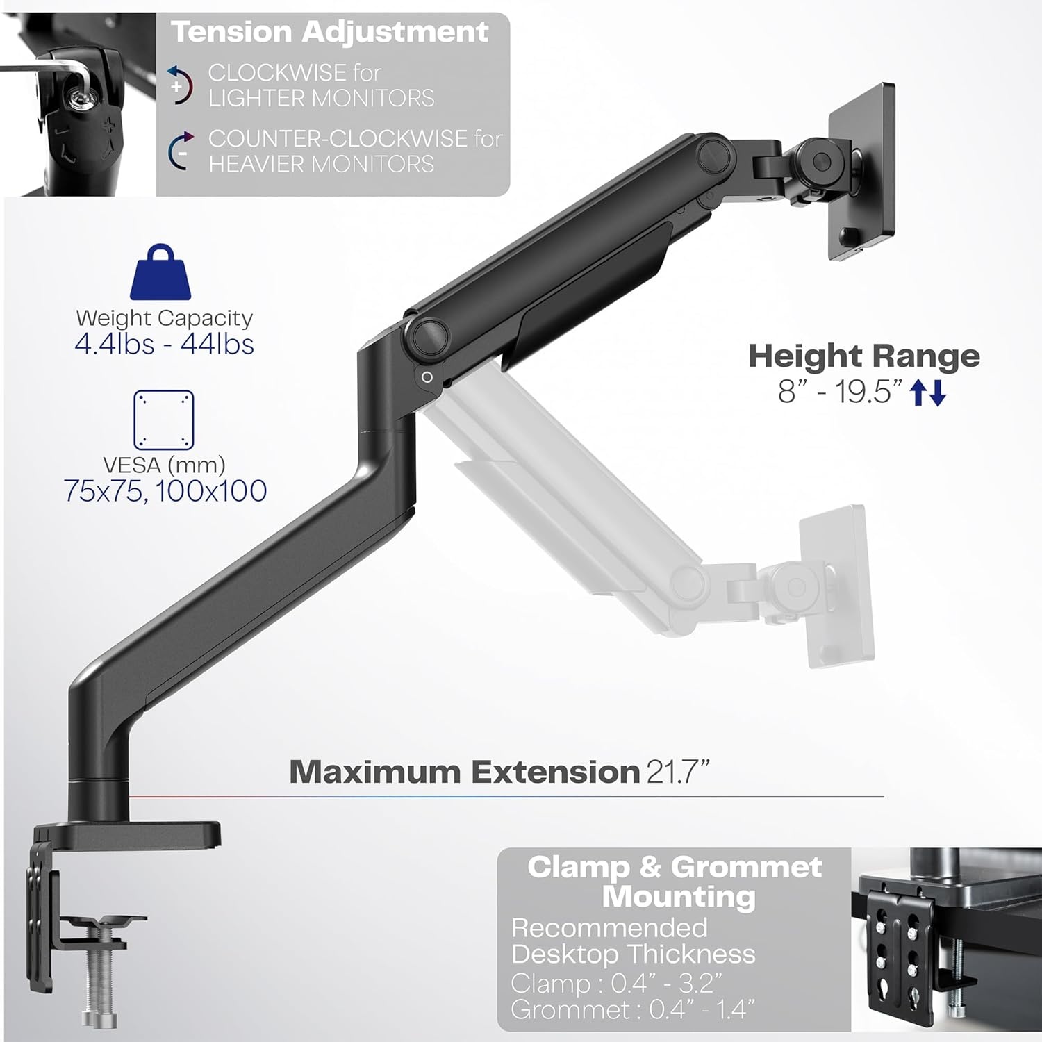 image:imageVIVO Heavy Duty Aluminum Ultrawide Tension Arm for up to 40 inch Screens Holds 44 lbs Premium Desk Mount Monitor Stand Black STANDV101E