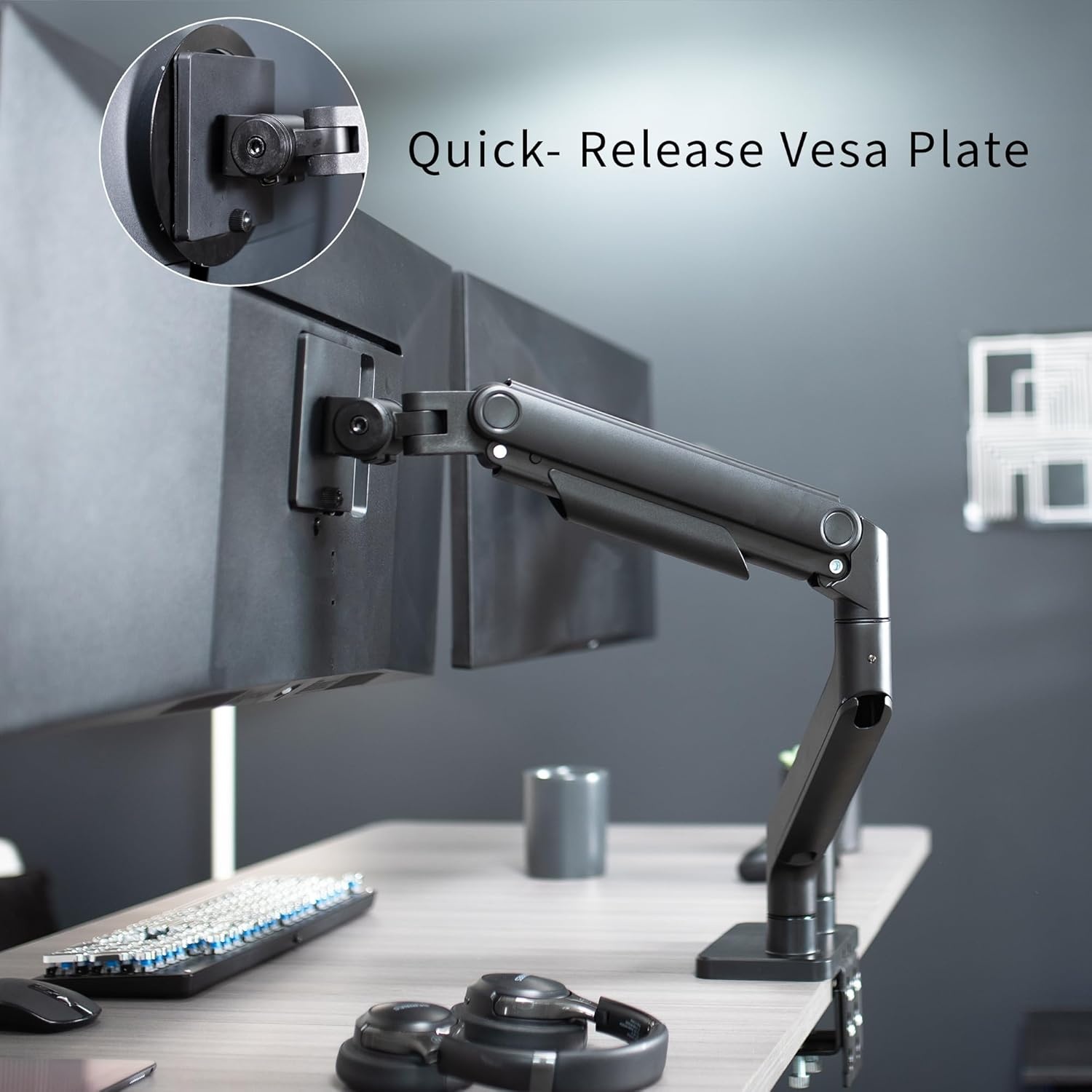 image:imageVIVO Heavy Duty Dual UltraWide Monitor Tension Arm for up to 45 inch Screens Holds 44 lbs per Arm Premium Desk Mount Monitor Stand for 2 Ultrawides Black STANDV200E
