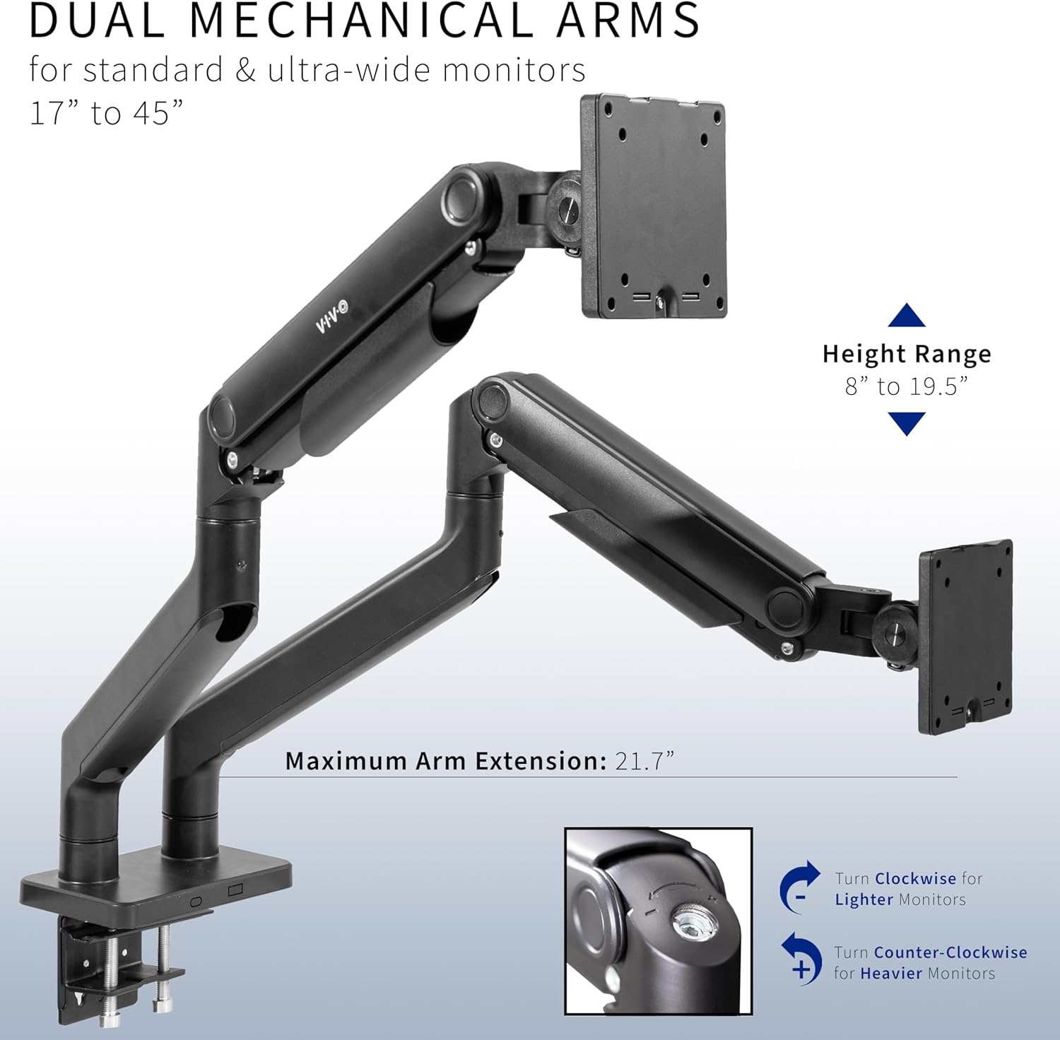 image:imageVIVO Heavy Duty Dual UltraWide Monitor Tension Arm for up to 45 inch Screens Holds 44 lbs per Arm Premium Desk Mount Monitor Stand for 2 Ultrawides Black STANDV200E