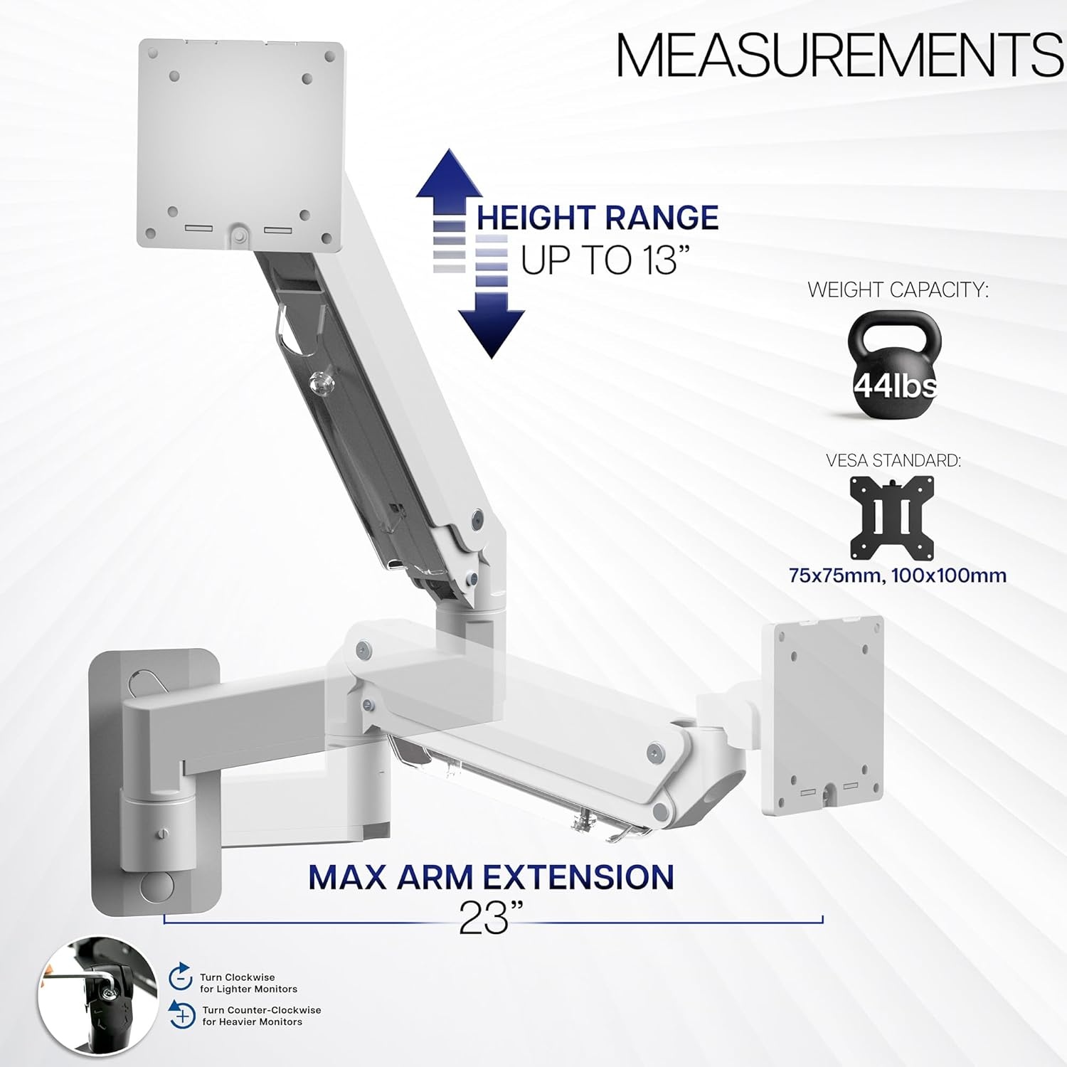 image:imageVIVO Premium Aluminum Heavy Duty Monitor Arm for Ultrawide Screens up to 49 inches and 44 lbs Single Wall Mount Pneumatic Height Max VESA 100x100 Black MOUNTV101G1White