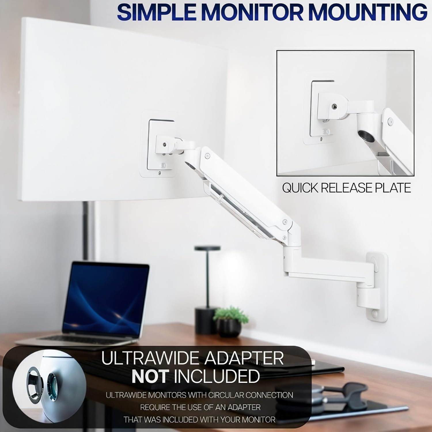 image:imageVIVO Premium Aluminum Heavy Duty Monitor Arm for Ultrawide Screens up to 49 inches and 44 lbs Single Wall Mount Pneumatic Height Max VESA 100x100 Black MOUNTV101G1White