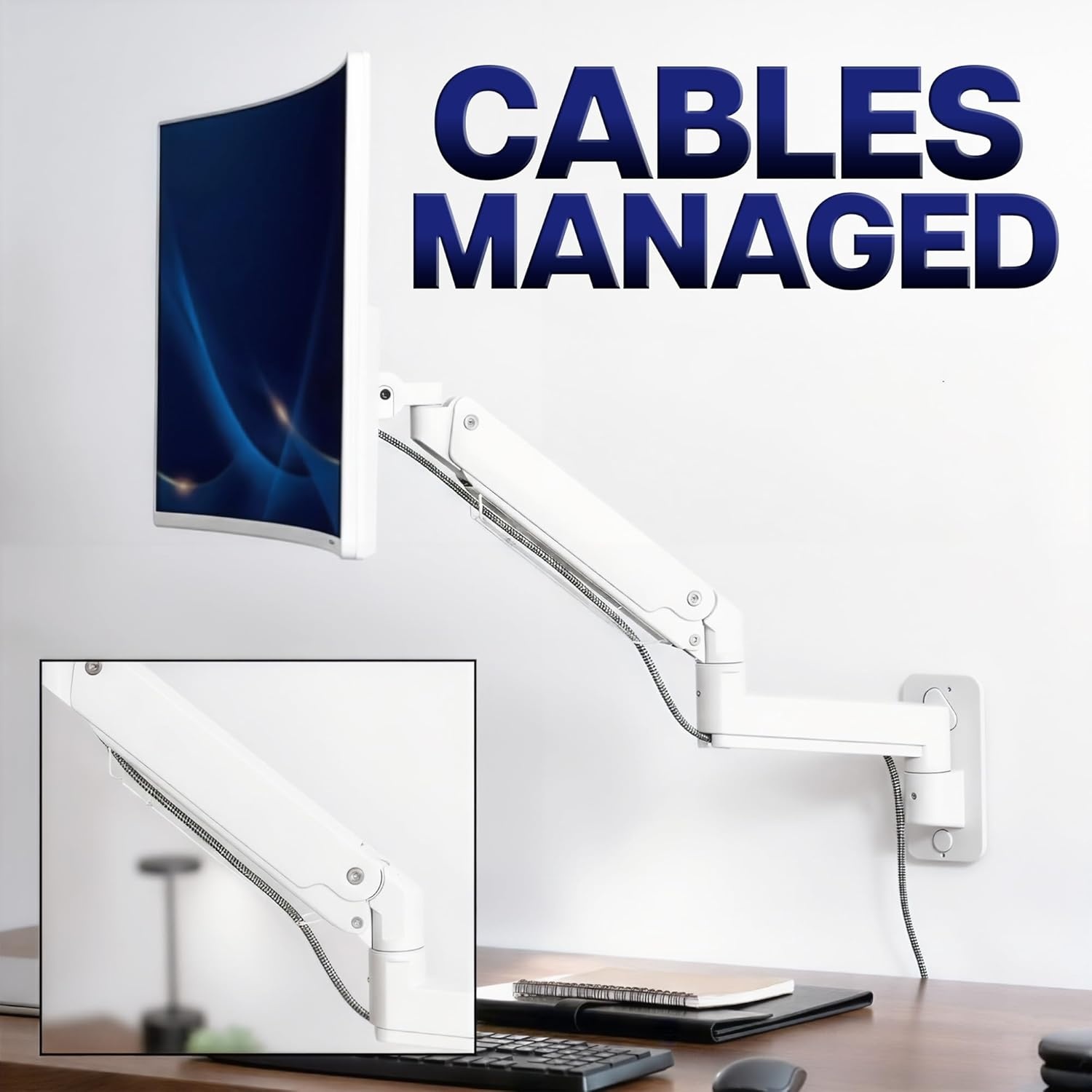 image:imageVIVO Premium Aluminum Heavy Duty Monitor Arm for Ultrawide Screens up to 49 inches and 44 lbs Single Wall Mount Pneumatic Height Max VESA 100x100 Black MOUNTV101G1White