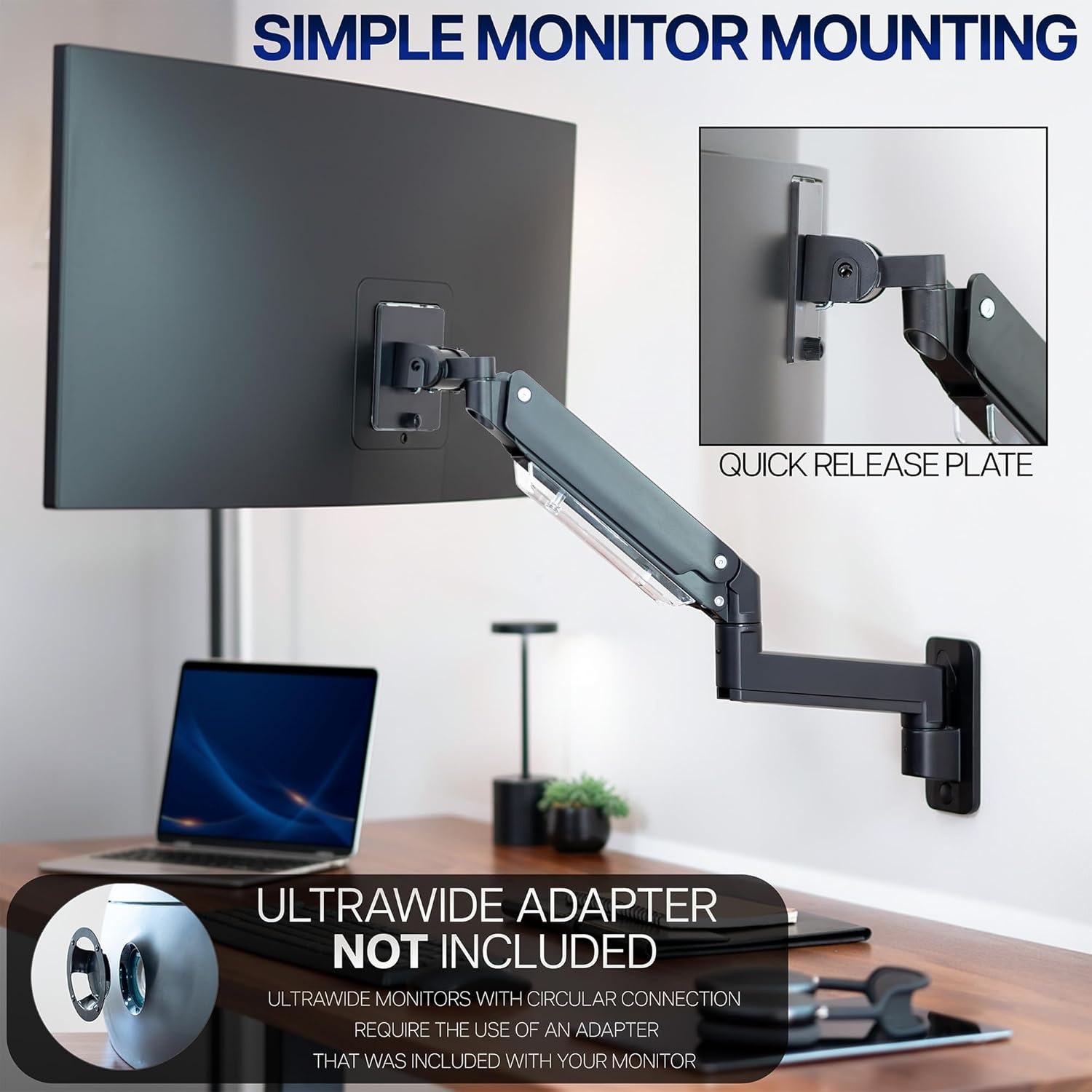 image:imageVIVO Premium Aluminum Heavy Duty Monitor Arm for Ultrawide Screens up to 49 inches and 44 lbs Single Wall Mount Pneumatic Height Max VESA 100x100 Black MOUNTV101G1Black