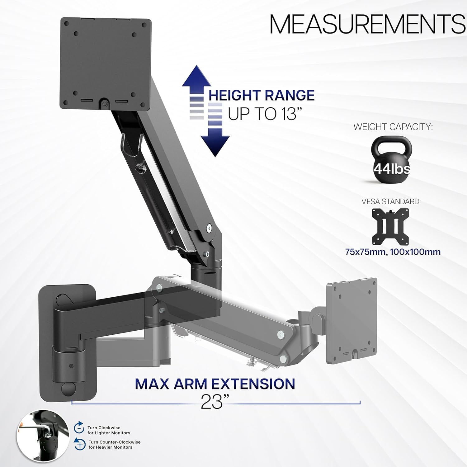 image:imageVIVO Premium Aluminum Heavy Duty Monitor Arm for Ultrawide Screens up to 49 inches and 44 lbs Single Wall Mount Pneumatic Height Max VESA 100x100 Black MOUNTV101G1Black