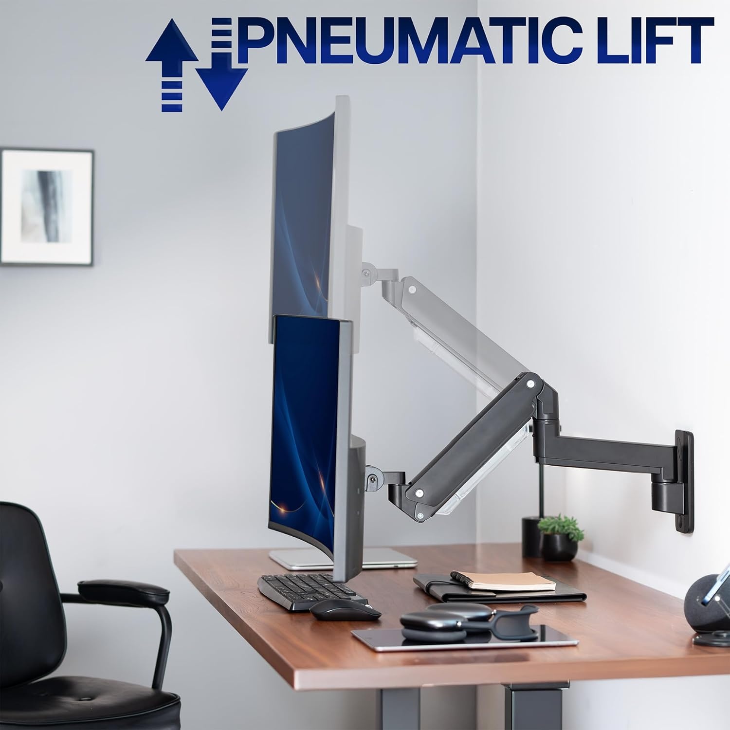image:imageVIVO Premium Aluminum Heavy Duty Monitor Arm for Ultrawide Screens up to 49 inches and 44 lbs Single Wall Mount Pneumatic Height Max VESA 100x100 Black MOUNTV101G1Black