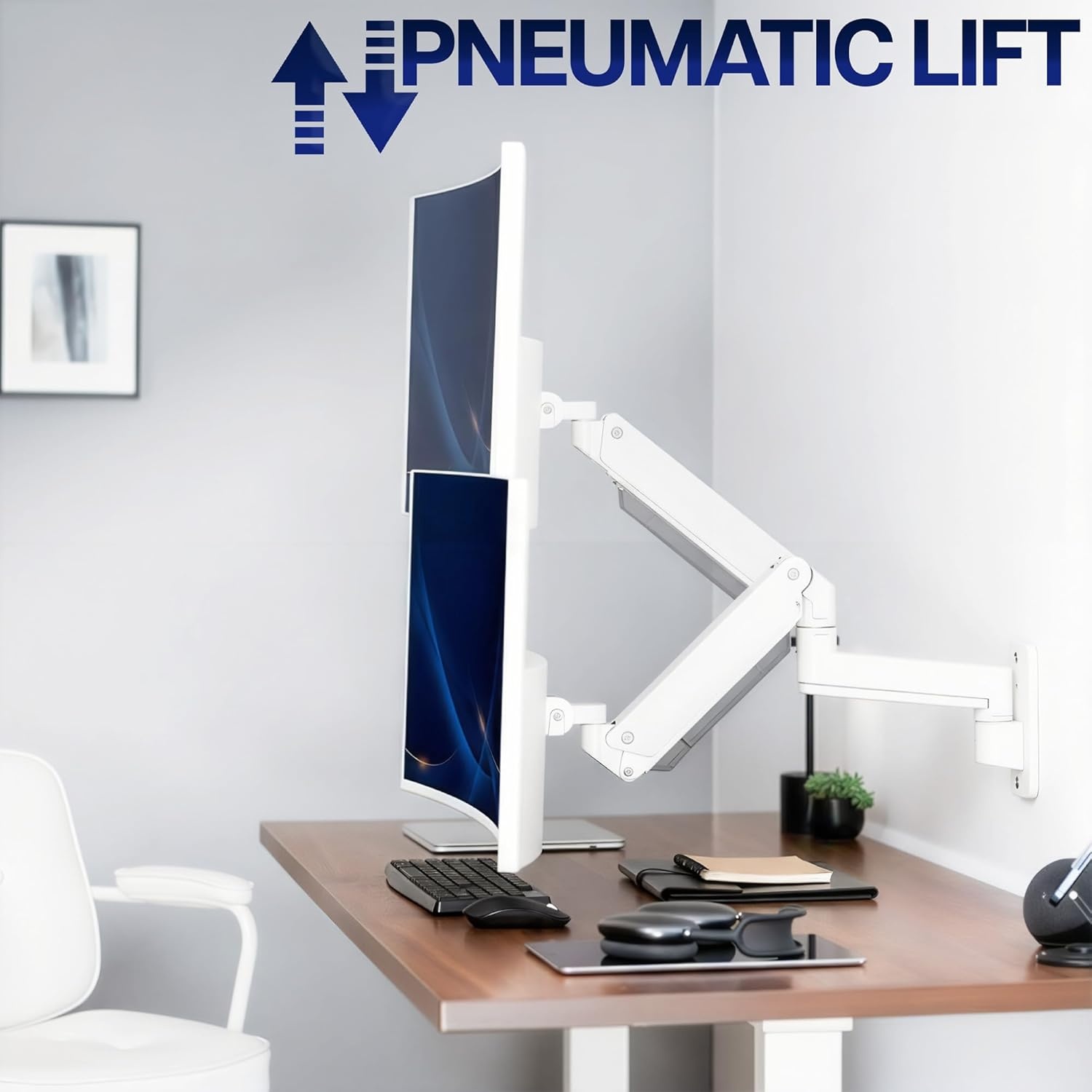 image:imageVIVO Premium Aluminum Heavy Duty Monitor Arm for Ultrawide Screens up to 49 inches and 44 lbs Single Wall Mount Pneumatic Height Max VESA 100x100 Black MOUNTV101G1White