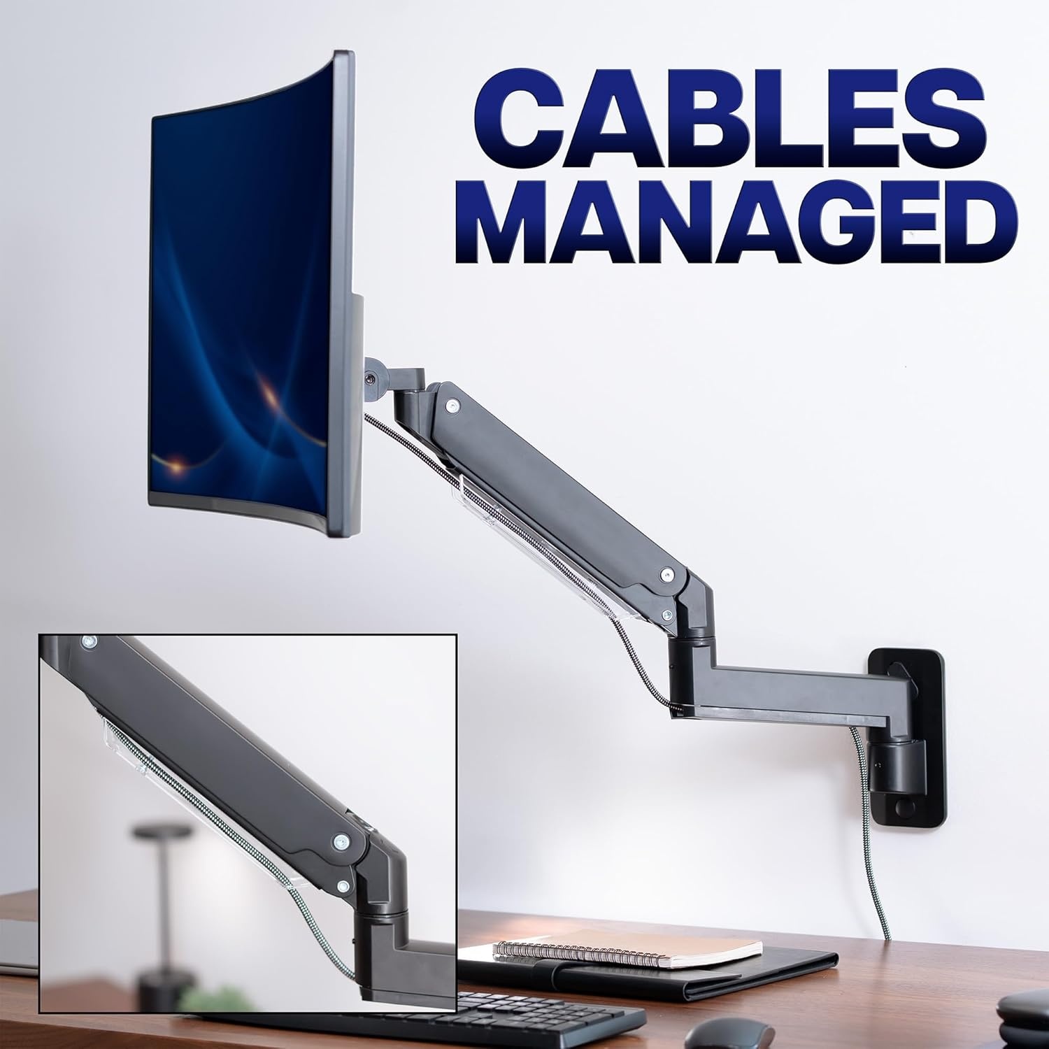 image:imageVIVO Premium Aluminum Heavy Duty Monitor Arm for Ultrawide Screens up to 49 inches and 44 lbs Single Wall Mount Pneumatic Height Max VESA 100x100 Black MOUNTV101G1Black