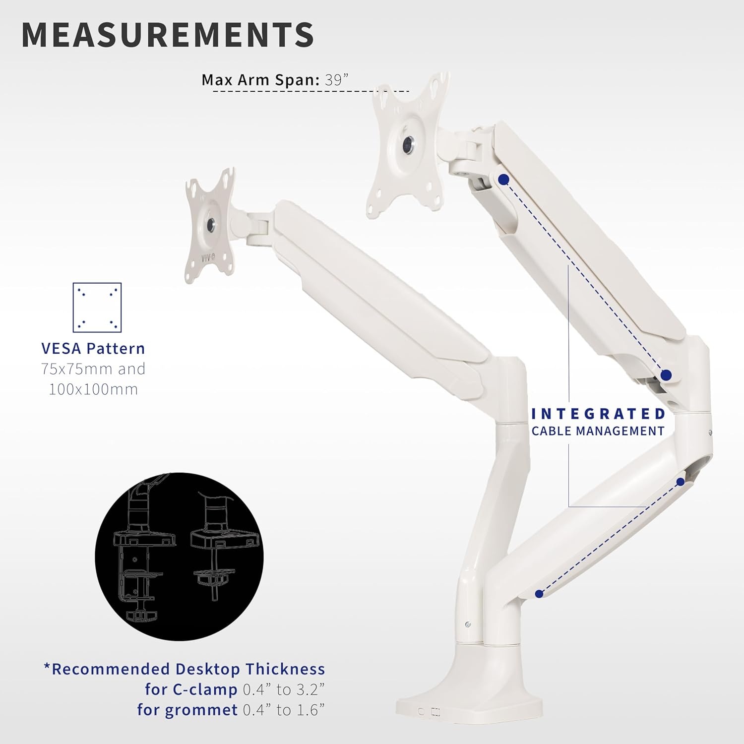 image:imageVIVO Premium Aluminum Heavy Duty Single Monitor Arm for Ultrawide Monitor up to 40 inches and 24 lbs Desk Mount Stand Pneumatic Height Max VESA 100x100 Black STANDV101QWhite