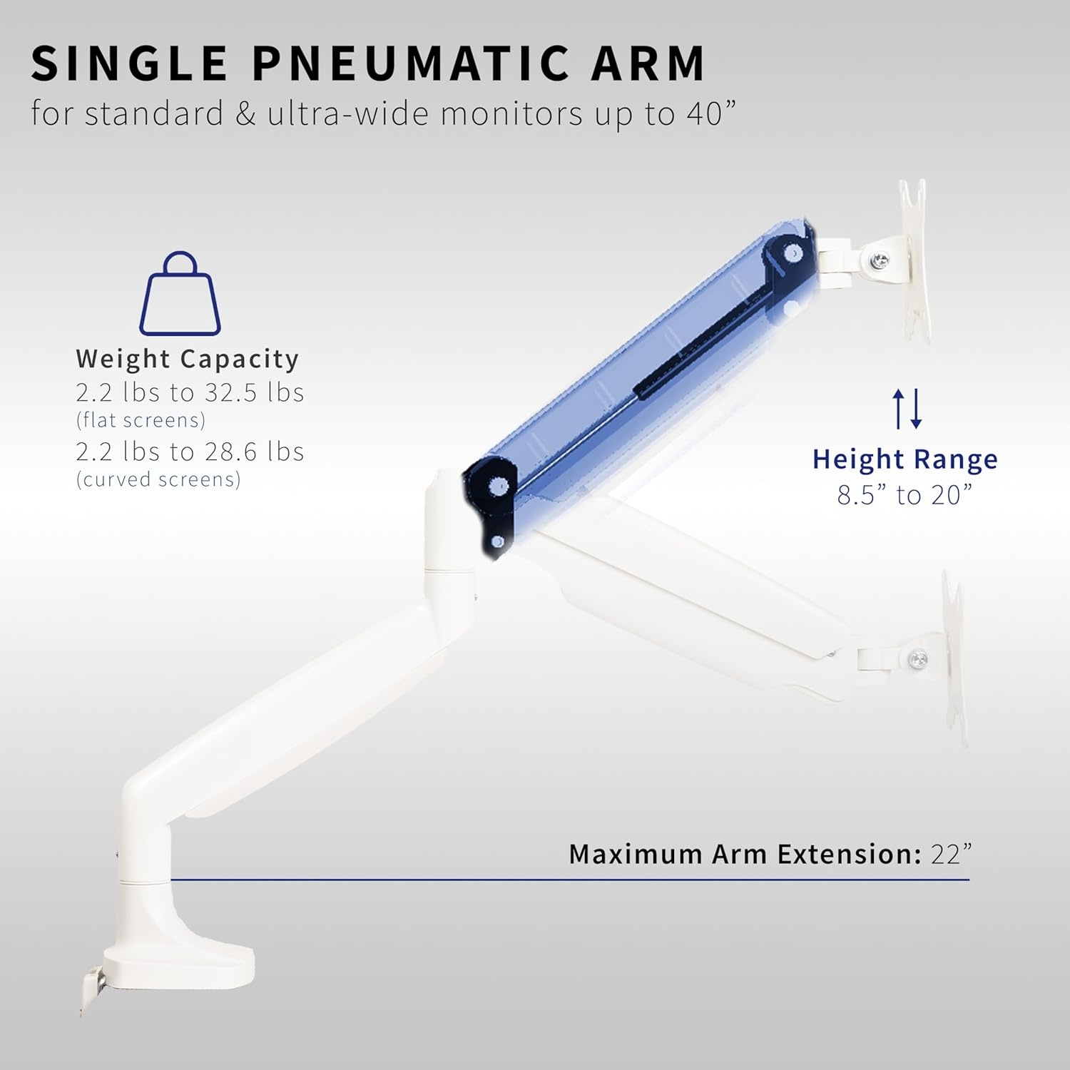 image:imageVIVO Premium Aluminum Heavy Duty Single Monitor Arm for Ultrawide Monitor up to 40 inches and 24 lbs Desk Mount Stand Pneumatic Height Max VESA 100x100 Black STANDV101QWhite