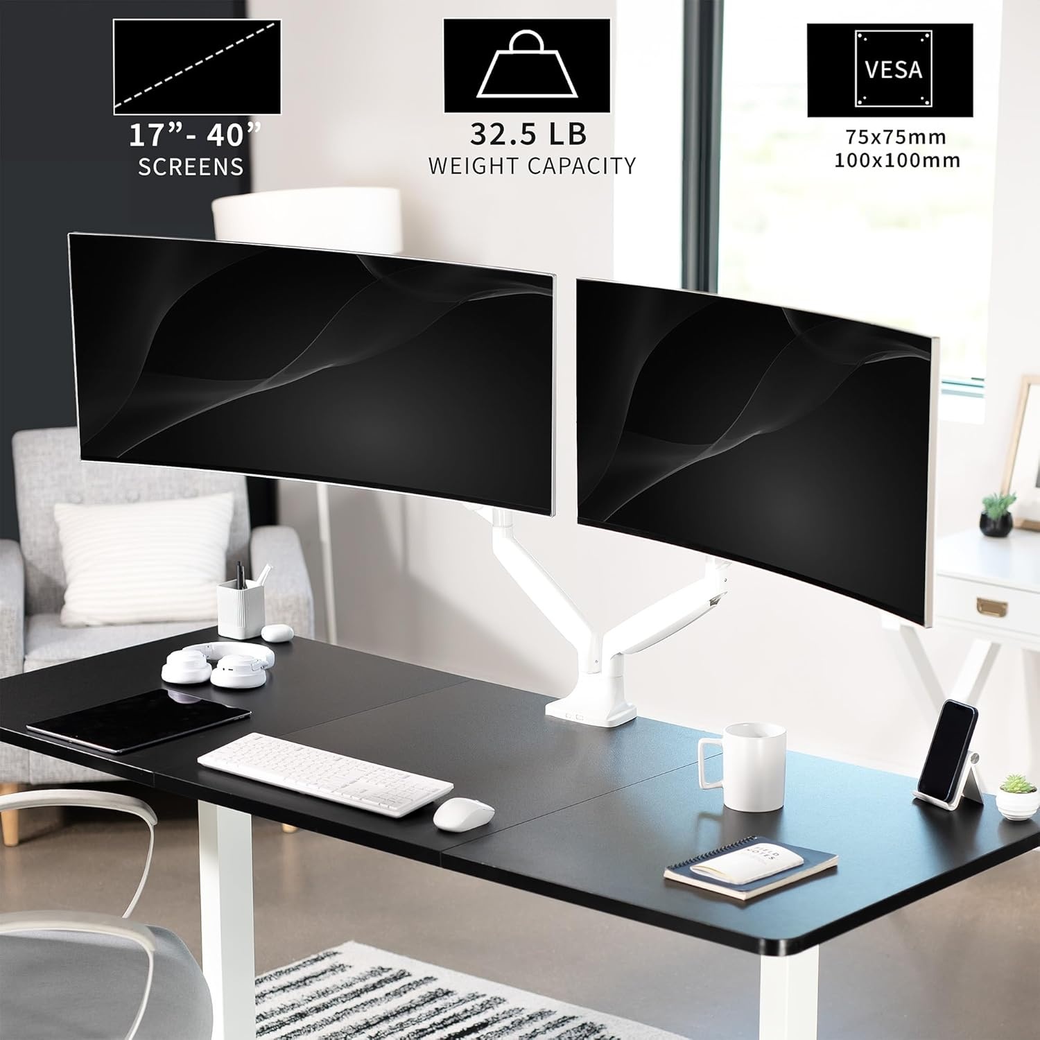 image:imageVIVO Premium Aluminum Heavy Duty Single Monitor Arm for Ultrawide Monitor up to 40 inches and 24 lbs Desk Mount Stand Pneumatic Height Max VESA 100x100 Black STANDV101QWhite