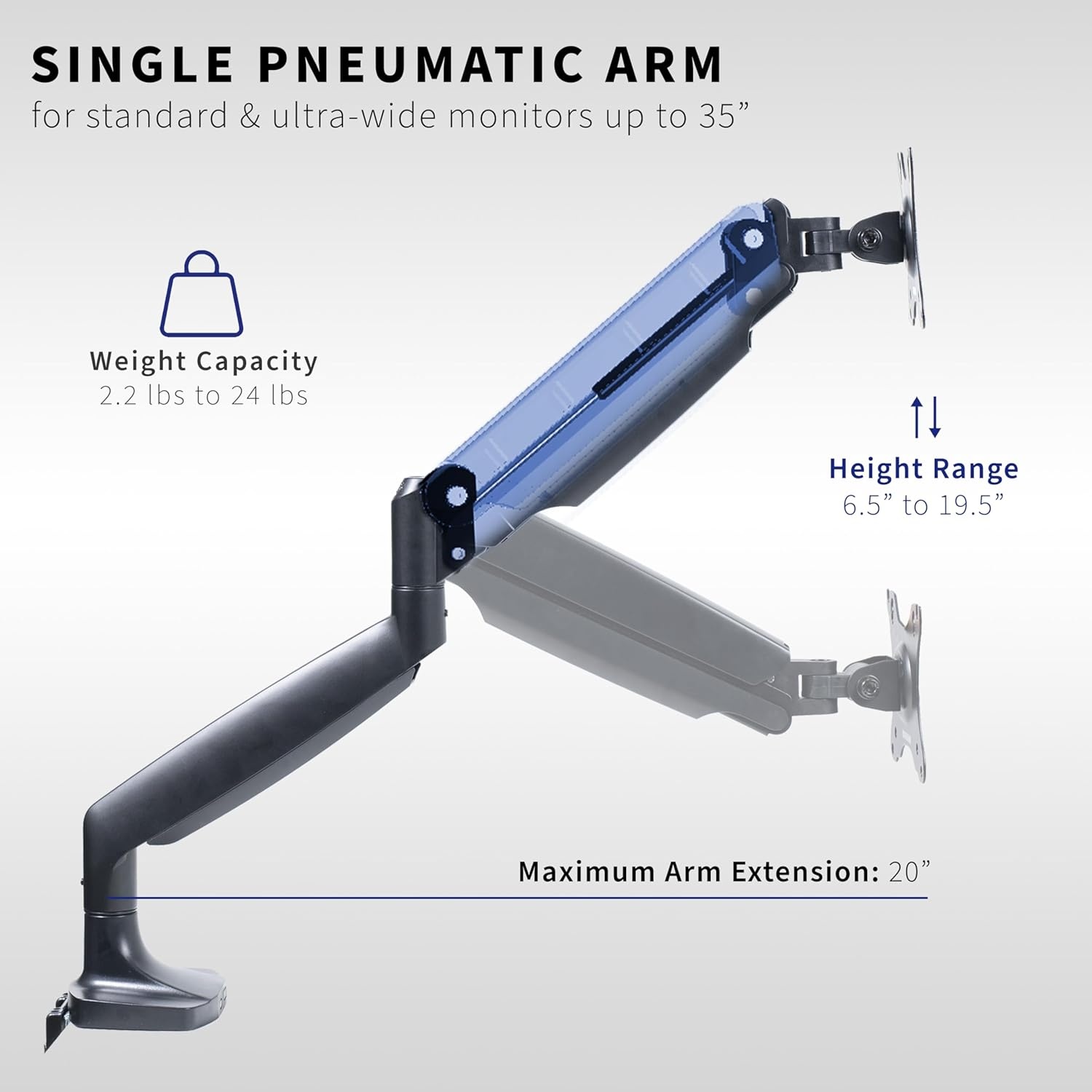 image:imageVIVO Premium Aluminum Heavy Duty Single Monitor Arm for Ultrawide Monitor up to 40 inches and 24 lbs Desk Mount Stand Pneumatic Height Max VESA 100x100 Black STANDV101QBlack