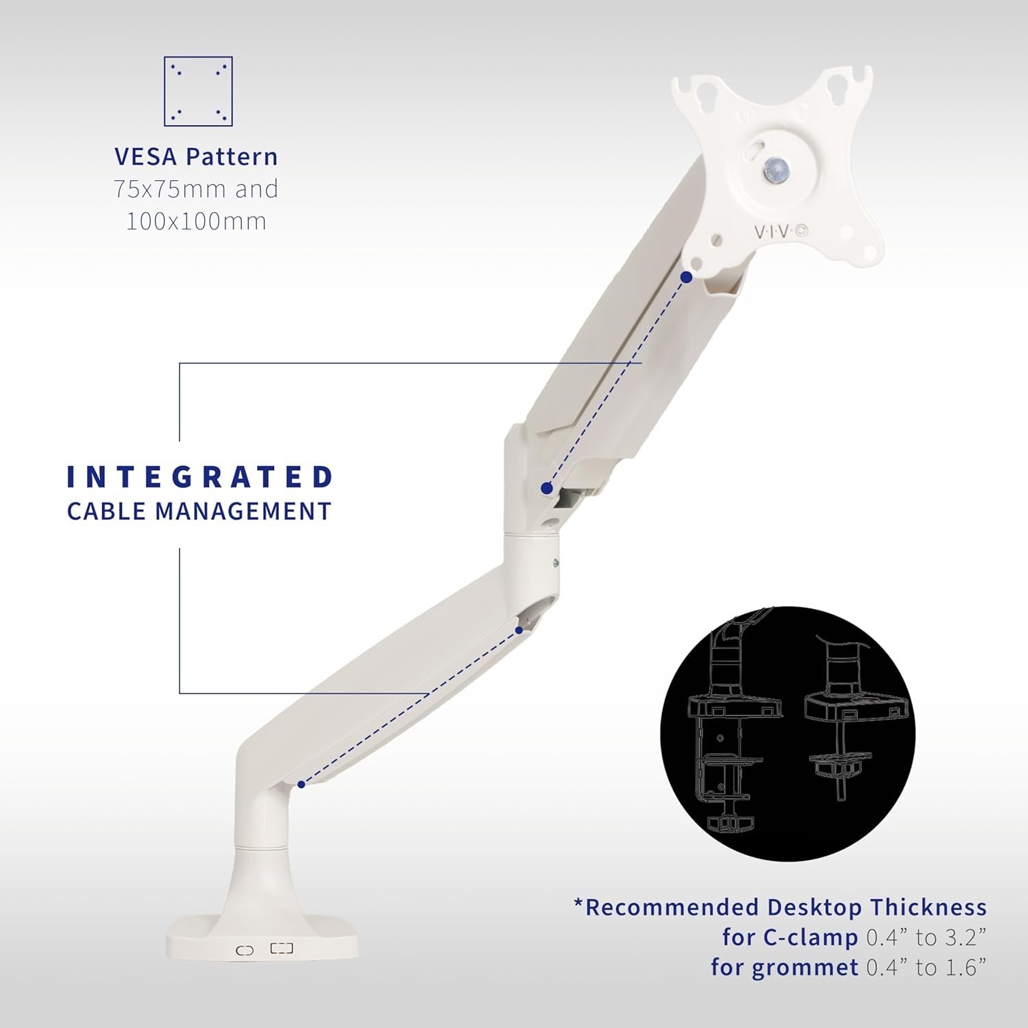 image:imageVIVO Premium Aluminum Heavy Duty Single Monitor Arm for Ultrawide Monitor up to 40 inches and 24 lbs Desk Mount Stand Pneumatic Height Max VESA 100x100 Black STANDV101QWhite