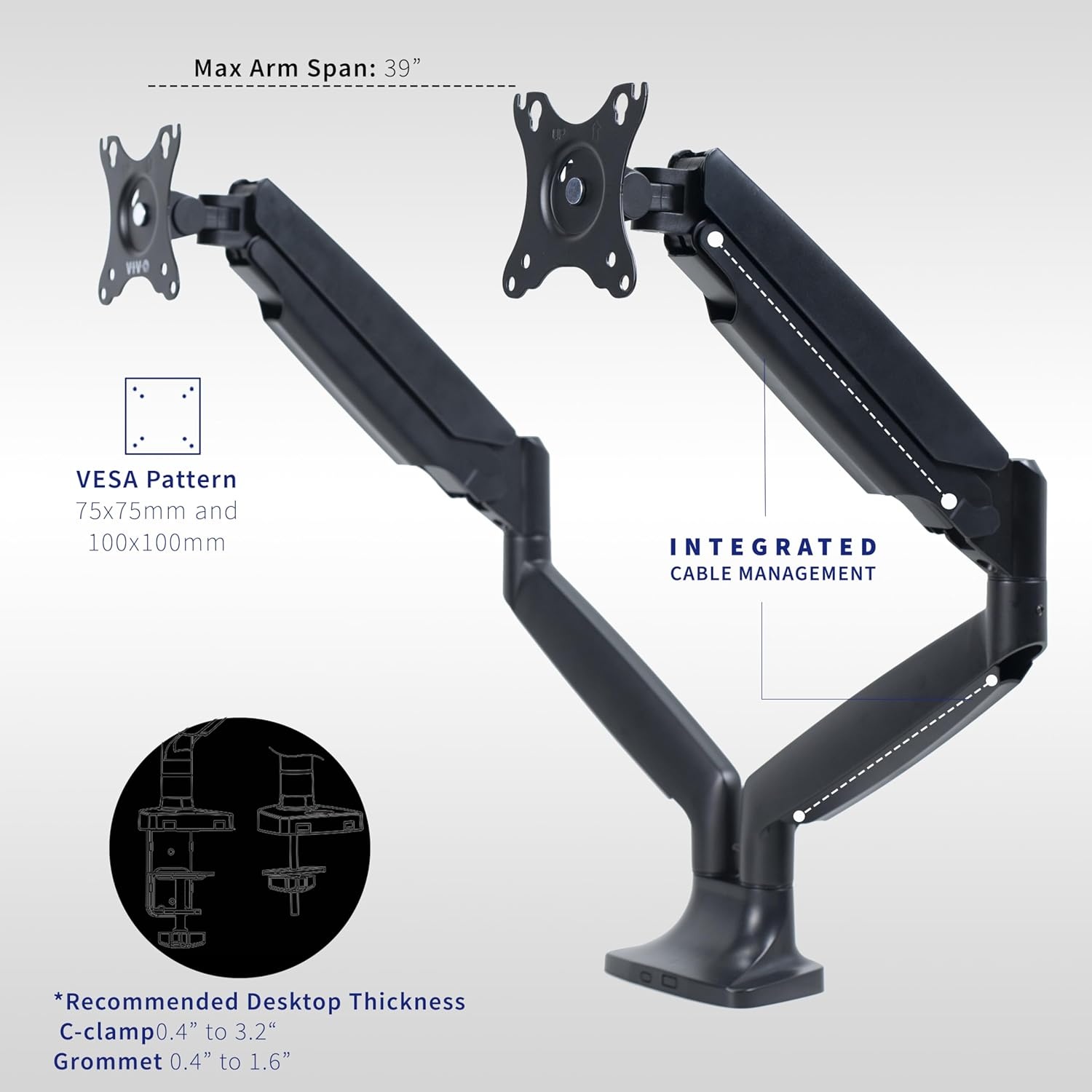 image:imageVIVO Premium Aluminum Heavy Duty Single Monitor Arm for Ultrawide Monitor up to 40 inches and 24 lbs Desk Mount Stand Pneumatic Height Max VESA 100x100 Black STANDV101QBlack
