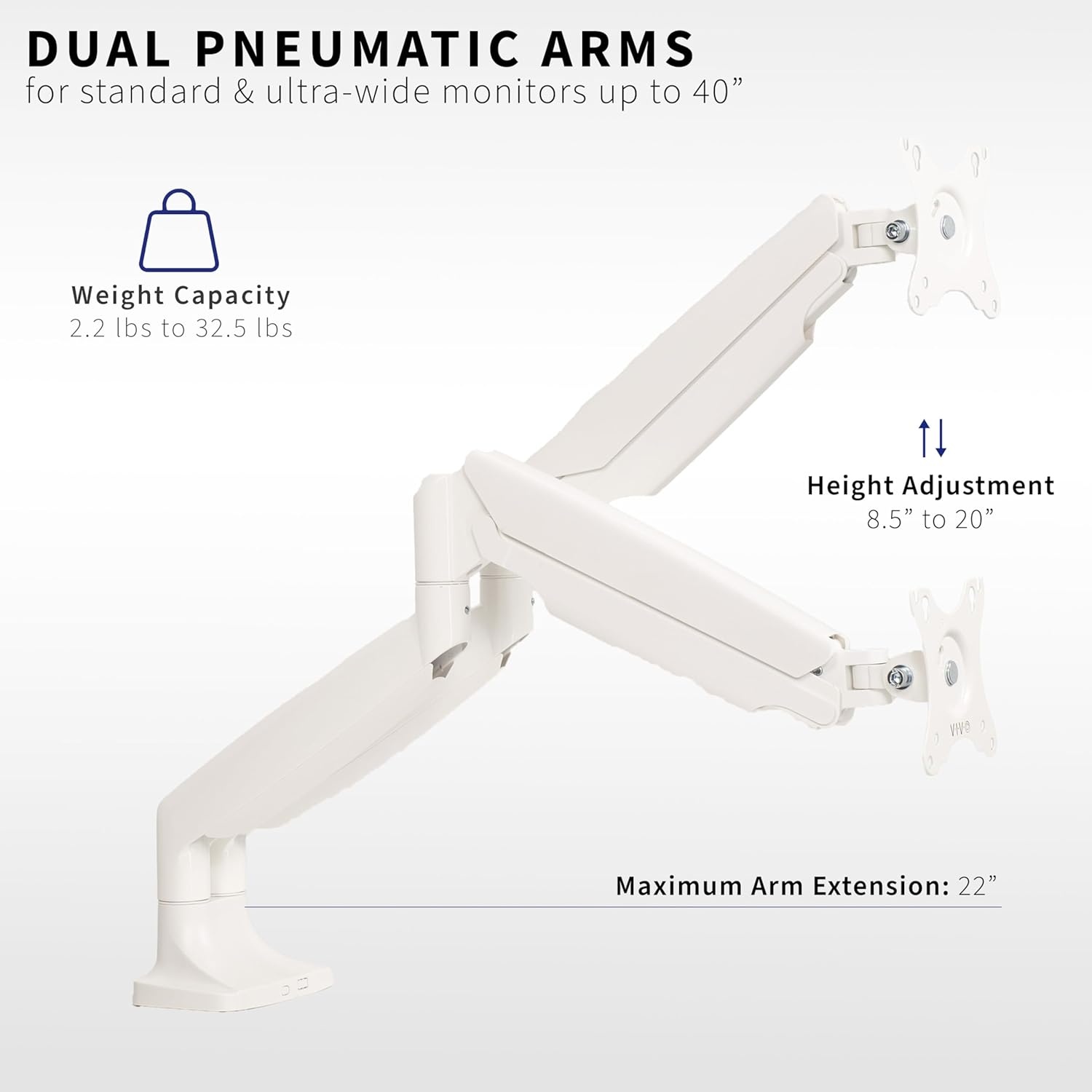 image:imageVIVO Premium Aluminum Heavy Duty Single Monitor Arm for Ultrawide Monitor up to 40 inches and 24 lbs Desk Mount Stand Pneumatic Height Max VESA 100x100 Black STANDV101QWhite