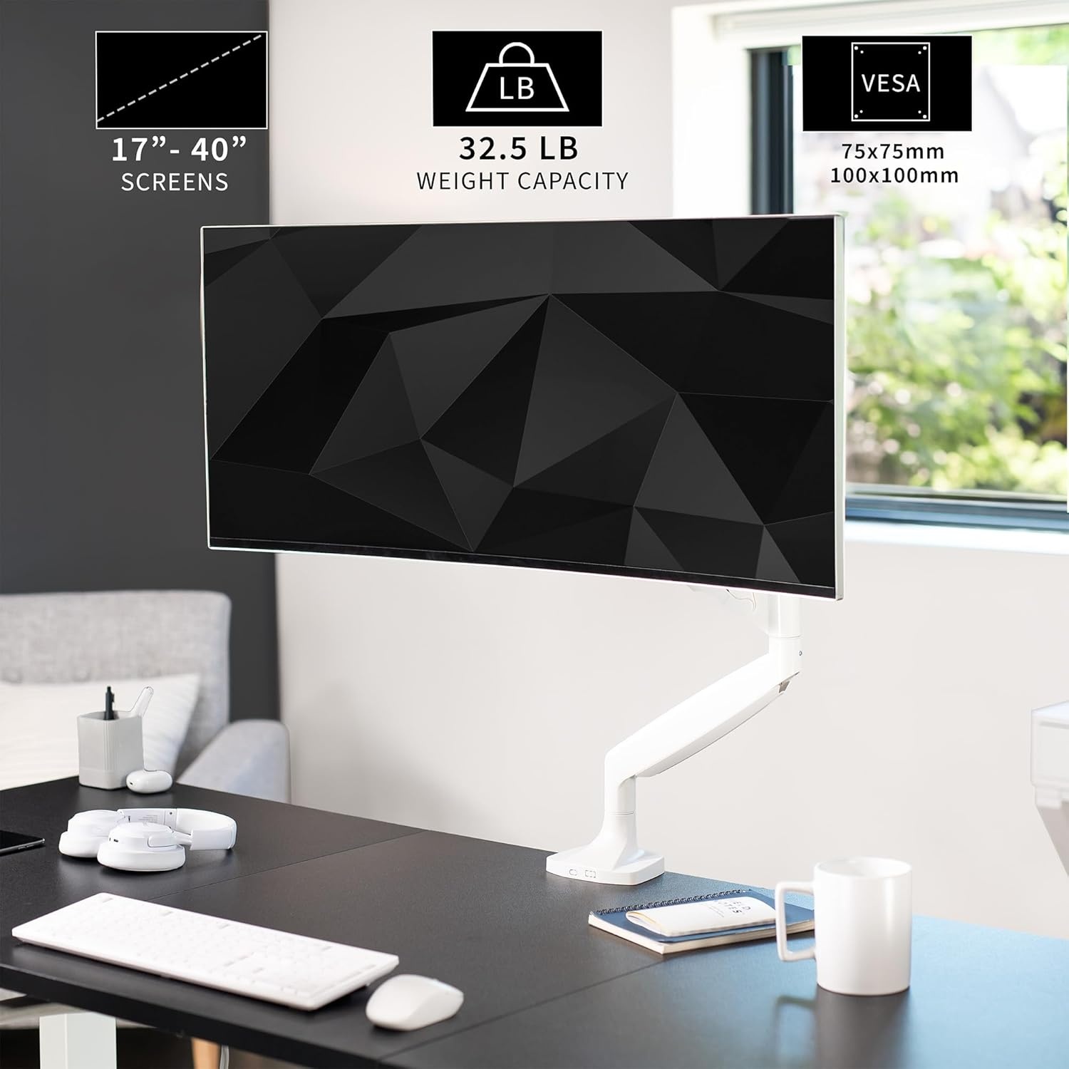 image:imageVIVO Premium Aluminum Heavy Duty Single Monitor Arm for Ultrawide Monitor up to 40 inches and 24 lbs Desk Mount Stand Pneumatic Height Max VESA 100x100 Black STANDV101QWhite