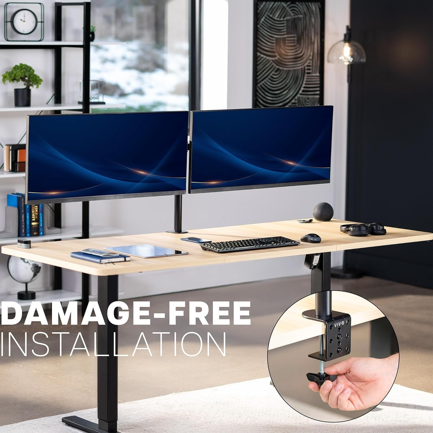 image:imageVIVO Premium Dual Ultra Wide LCD LED 27 to 38 inch Monitor Desk Mount Heavy Duty Adjustable Telescoping Arms Flush Wall Setup Fits 2 Screens Black STANDTS38CBlack