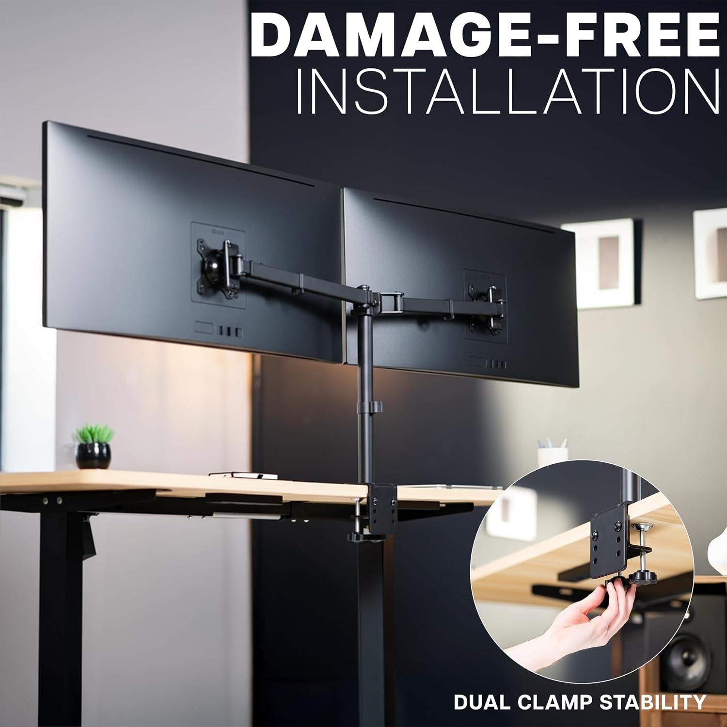 image:imageVIVO Premium Dual Ultra Wide LCD LED 27 to 38 inch Monitor Desk Mount Heavy Duty Adjustable Telescoping Arms Flush Wall Setup Fits 2 Screens Black STANDTS38CBlack