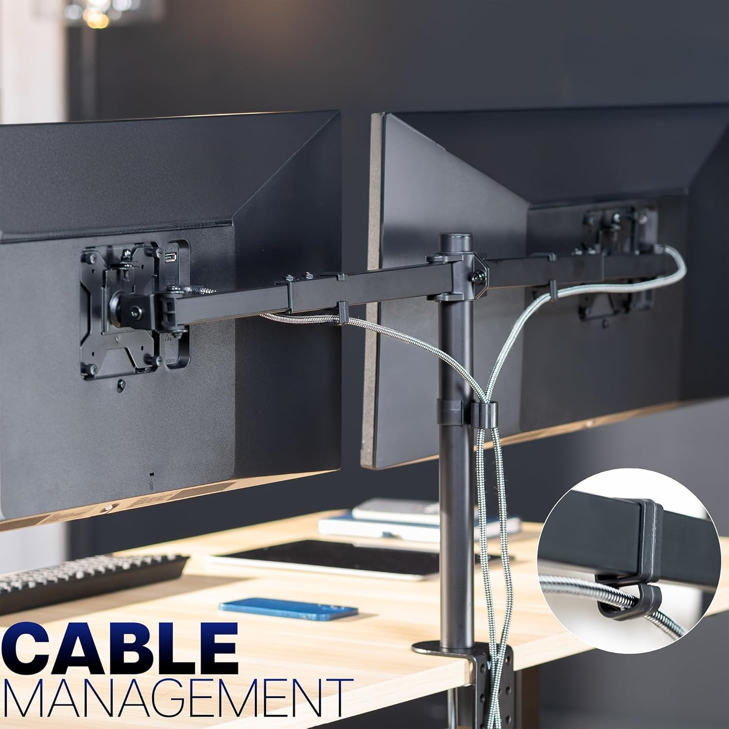 image:imageVIVO Premium Dual Ultra Wide LCD LED 27 to 38 inch Monitor Desk Mount Heavy Duty Adjustable Telescoping Arms Flush Wall Setup Fits 2 Screens Black STANDTS38CBlack