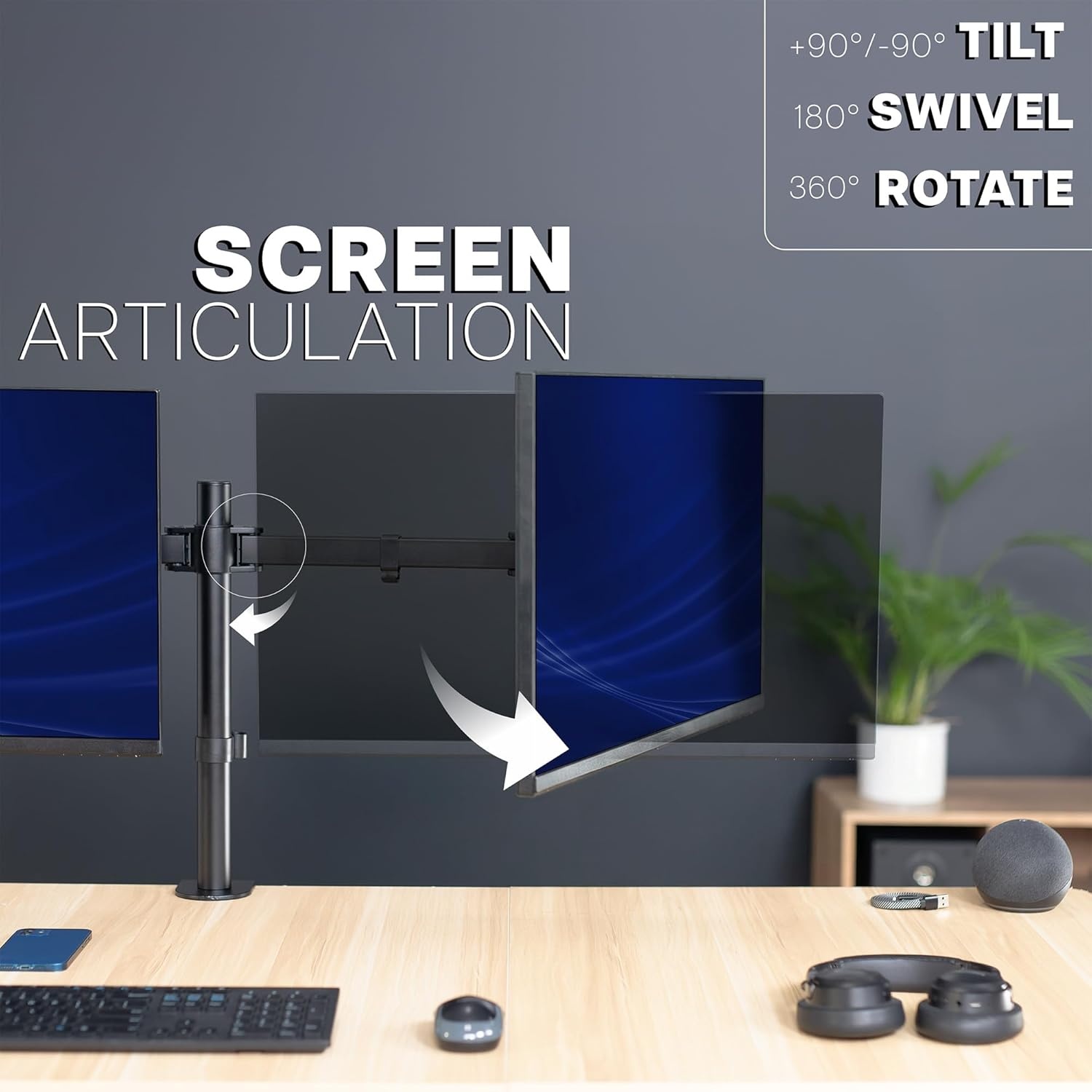 image:imageVIVO Premium Dual Ultra Wide LCD LED 27 to 38 inch Monitor Desk Mount Heavy Duty Adjustable Telescoping Arms Flush Wall Setup Fits 2 Screens Black STANDTS38CBlack
