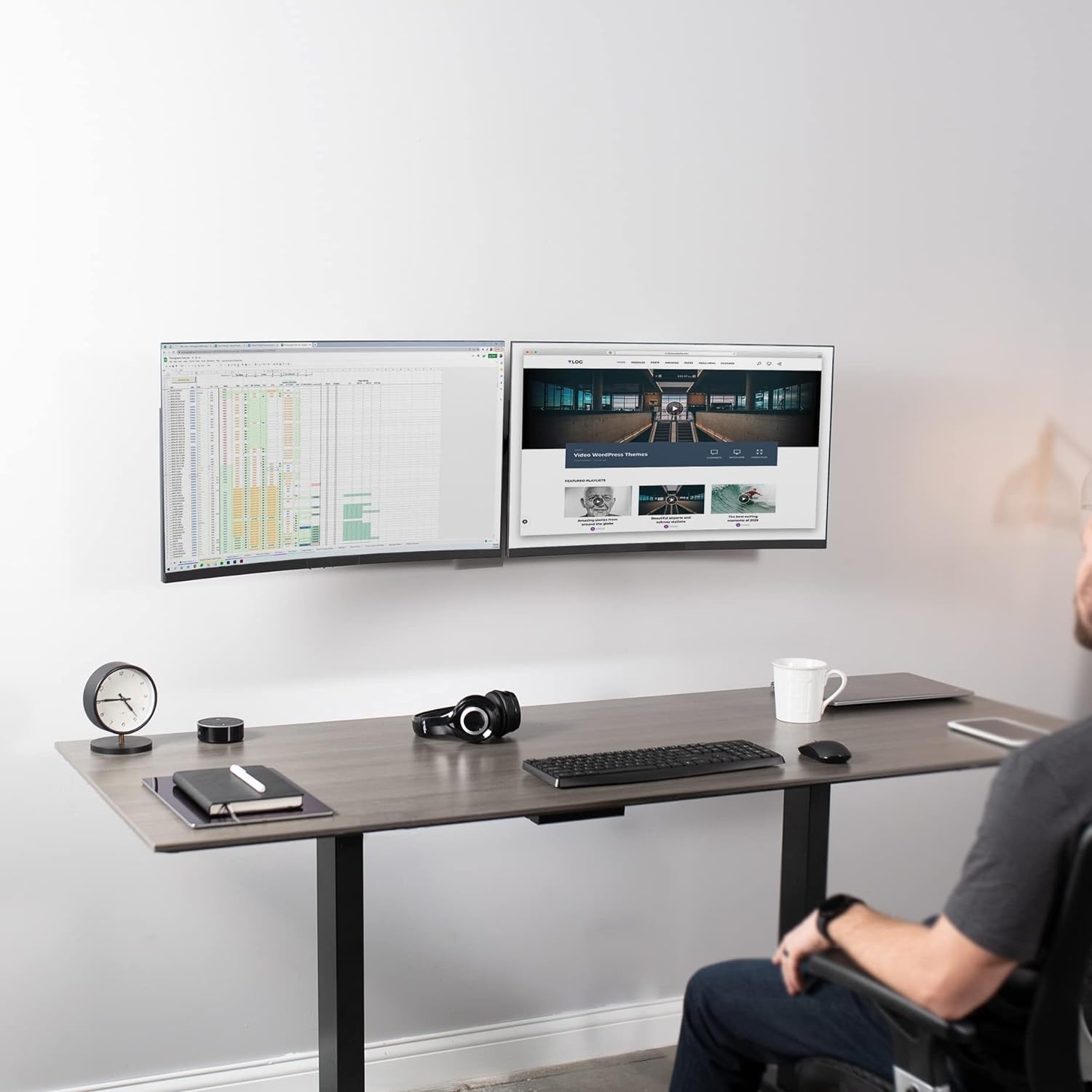 image:imageVIVO Premium Dual Ultra Wide LCD LED 27 to 38 inch Monitor Wall Mount Heavy Duty Telescoping Arms Flush Wall Setup Fits 2 Screens Black MOUNTTS38Bup to 32