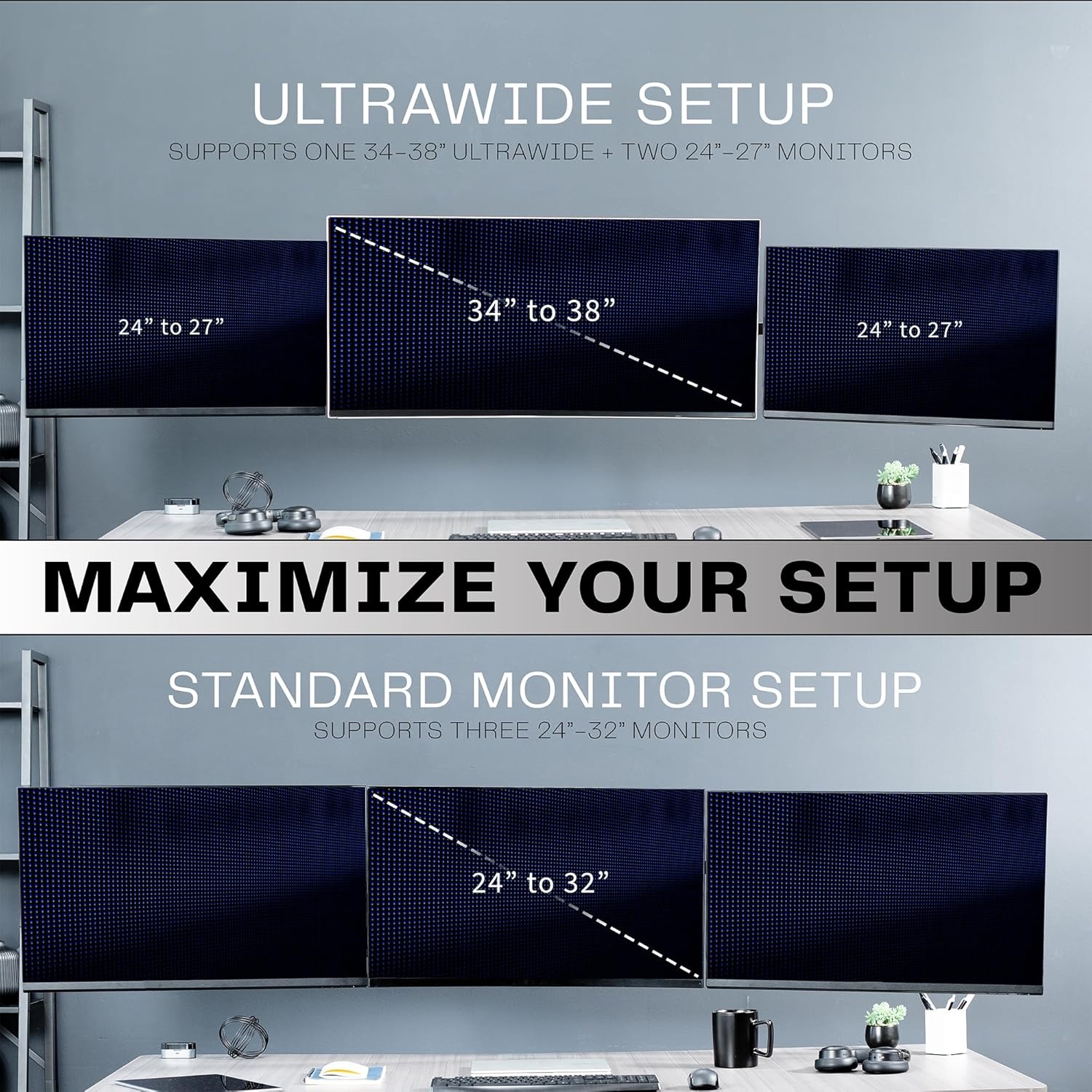 image:imageVIVO Premium Dual Ultra Wide LCD LED 27 to 38 inch Monitor Wall Mount Heavy Duty Telescoping Arms Flush Wall Setup Fits 2 Screens Black MOUNTTS38Bup to 38