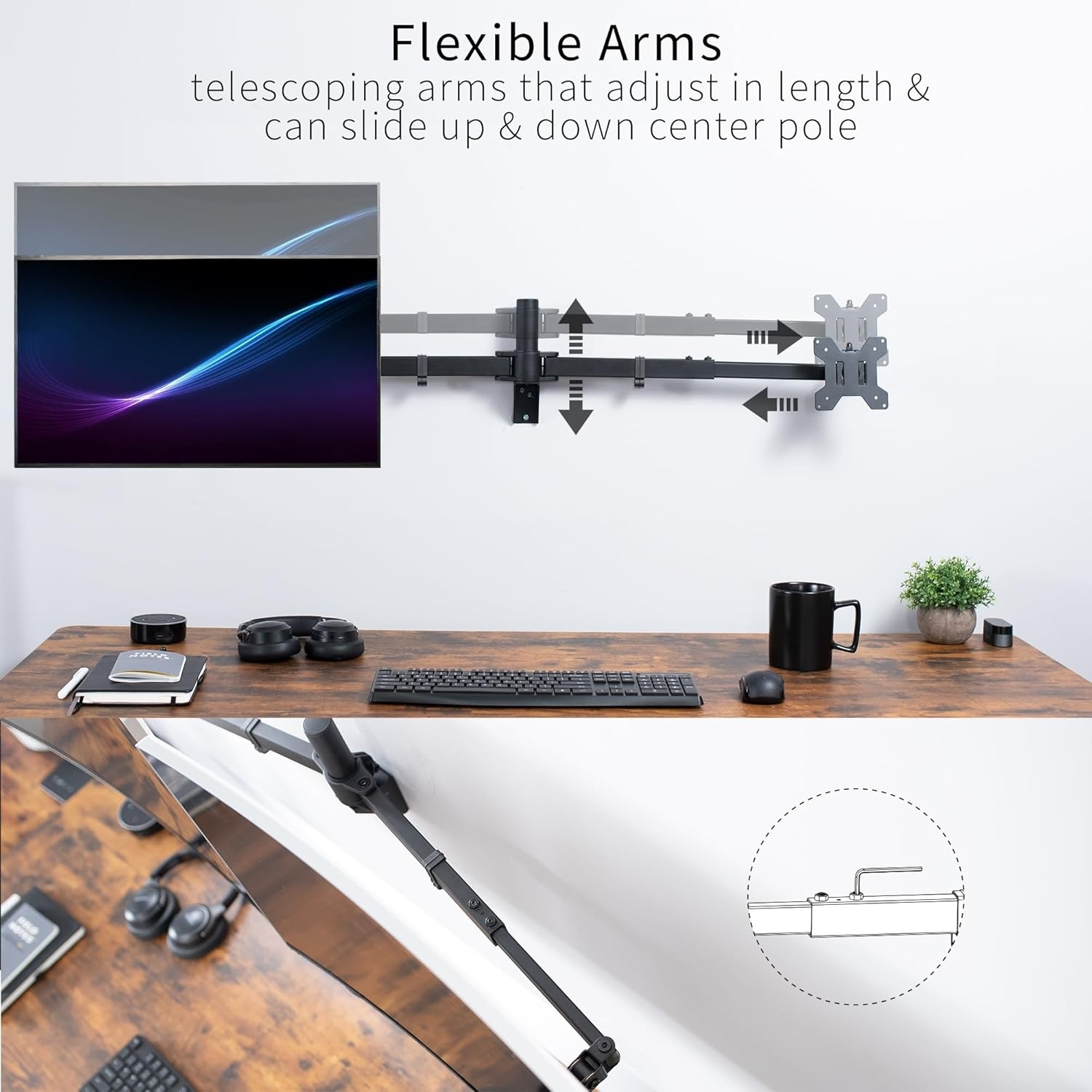 image:imageVIVO Premium Dual Ultra Wide LCD LED 27 to 38 inch Monitor Wall Mount Heavy Duty Telescoping Arms Flush Wall Setup Fits 2 Screens Black MOUNTTS38Bup to 38
