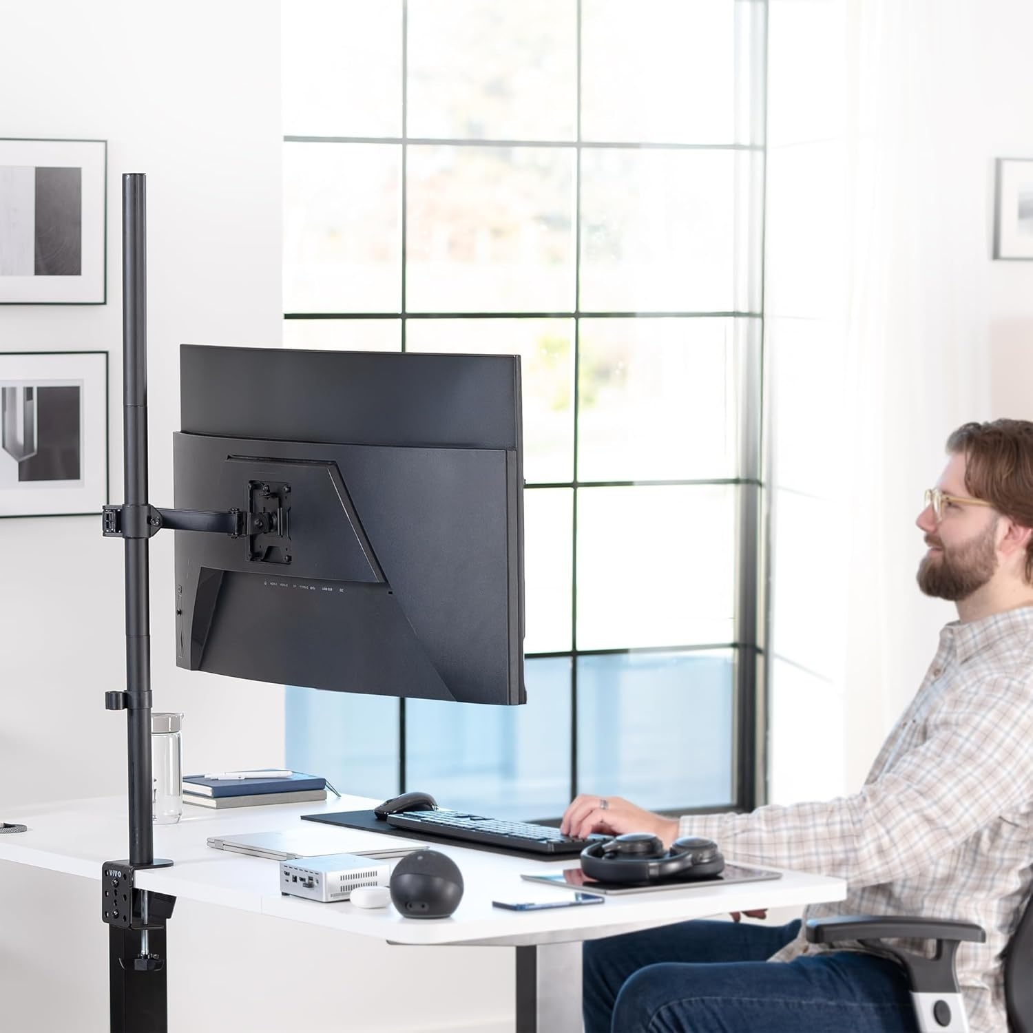 image:imageVIVO Single 13 to 38 inch Ultrawide Monitor Arm Desk Mount Regular Screens up to 32 inches 22 lbs capacity Fully Adjustable Stand with CClamp and Grommet Base Black STANDV001Black
