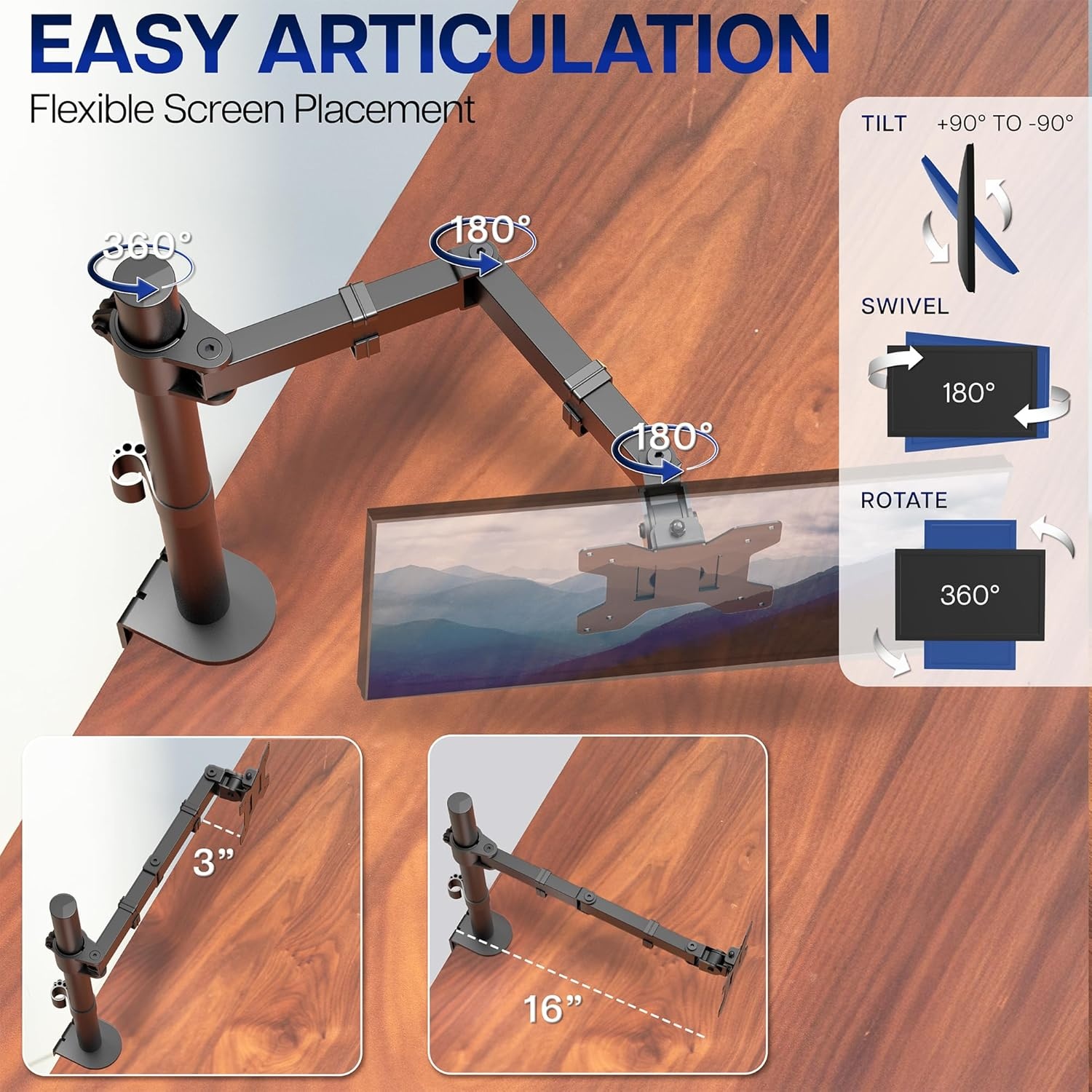 image:imageVIVO Single 13 to 38 inch Ultrawide Monitor Arm Desk Mount Regular Screens up to 32 inches 22 lbs capacity Fully Adjustable Stand with CClamp and Grommet Base Black STANDV001Black