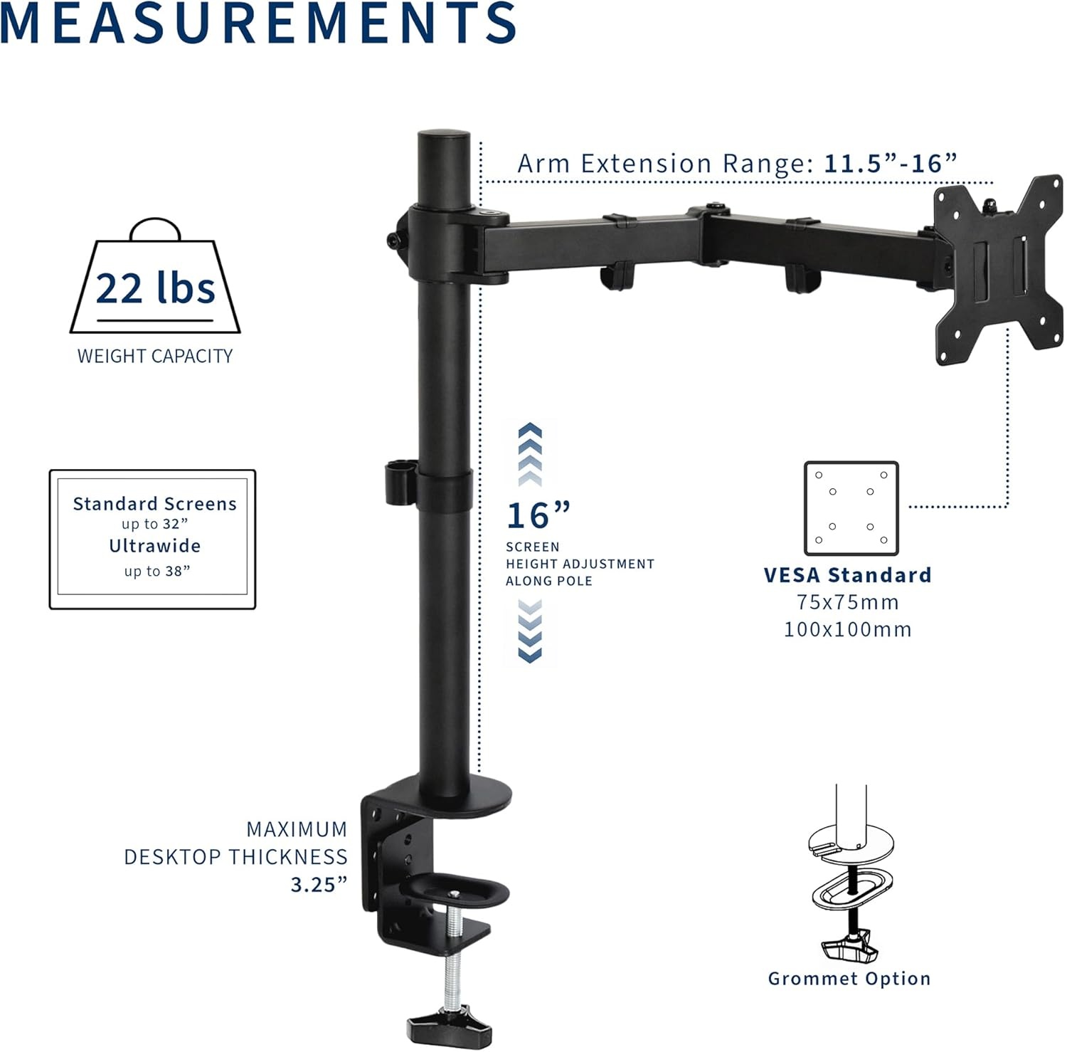 image:imageVIVO Single 13 to 38 inch Ultrawide Monitor Arm Desk Mount Regular Screens up to 32 inches 22 lbs capacity Fully Adjustable Stand with CClamp and Grommet Base Black STANDV001Black