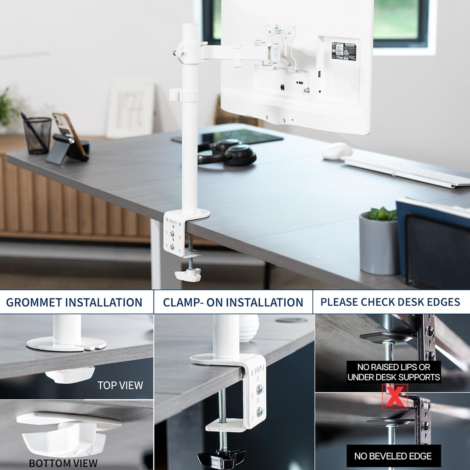 image:imageVIVO Single 13 to 38 inch Ultrawide Monitor Arm Desk Mount Regular Screens up to 32 inches 22 lbs capacity Fully Adjustable Stand with CClamp and Grommet Base Black STANDV001White