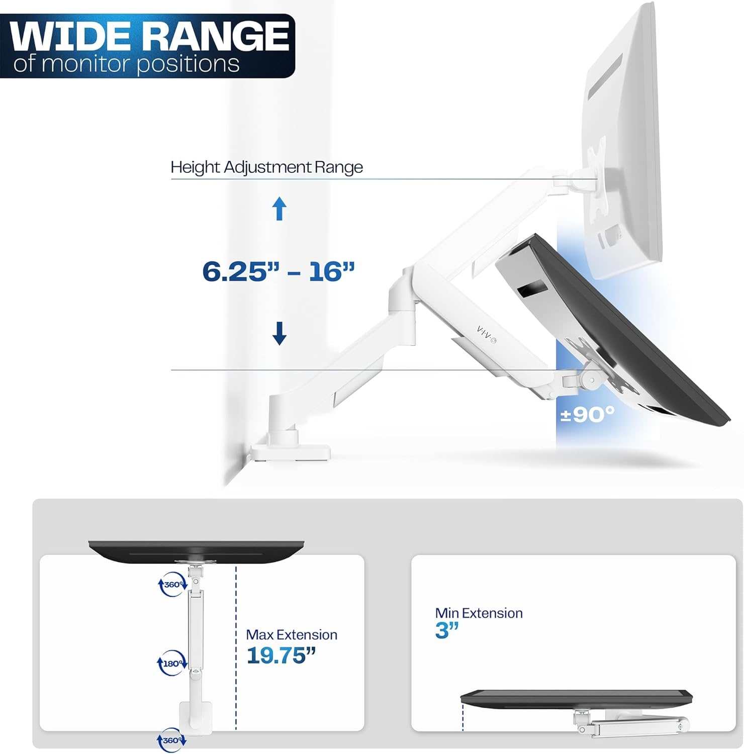 image:imageVIVO Single Monitor Stand Fully Adjustable Arm for 17 to 32 inch Screen Mechanical Articulating Desk Mount Gaming and Office Setups VESA 75x75 100x100 Max 198 lbs Classic Black STANDV001OWhite