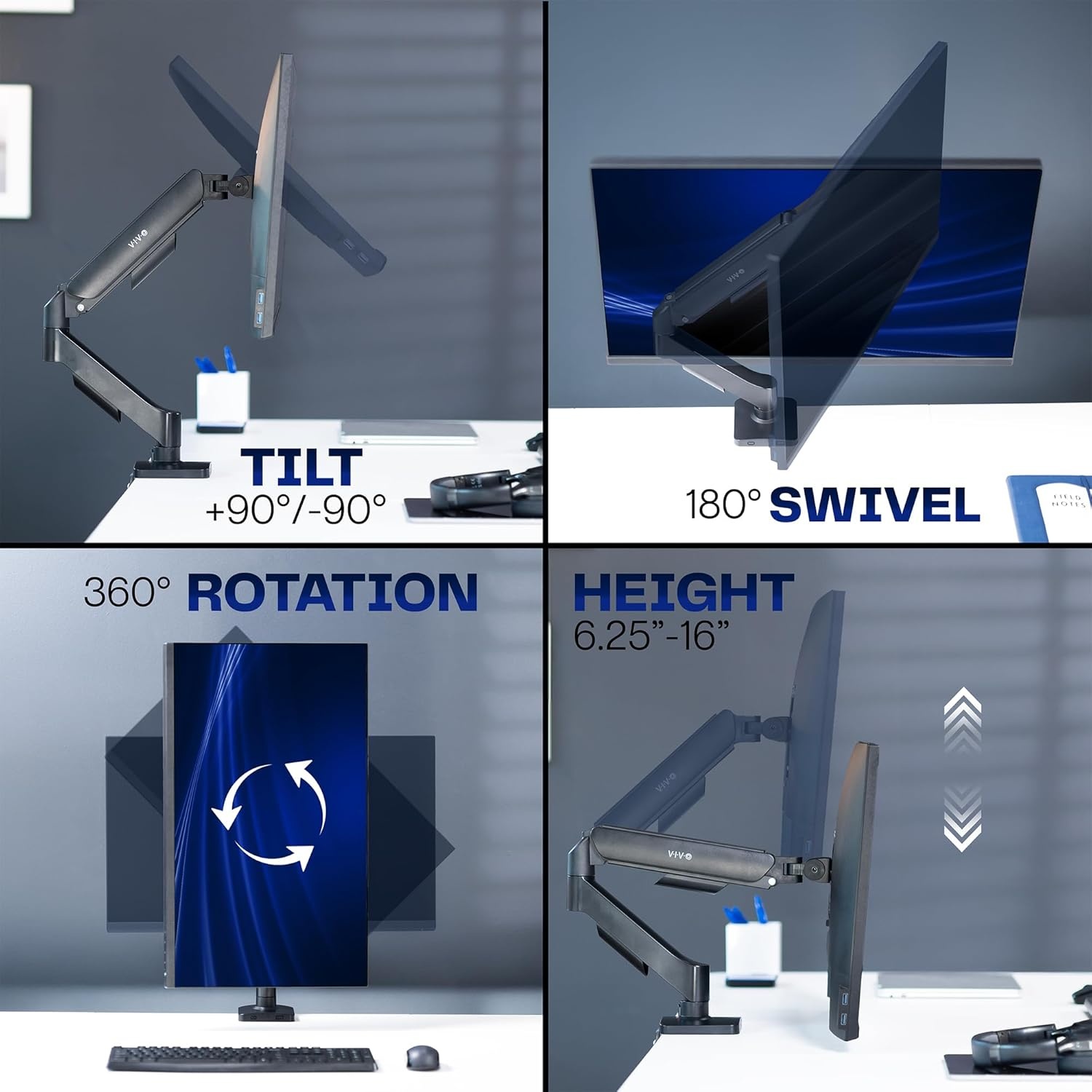 image:imageVIVO Single Monitor Stand Fully Adjustable Arm for 17 to 32 inch Screen Mechanical Articulating Desk Mount Gaming and Office Setups VESA 75x75 100x100 Max 198 lbs Classic Black STANDV001OBlack