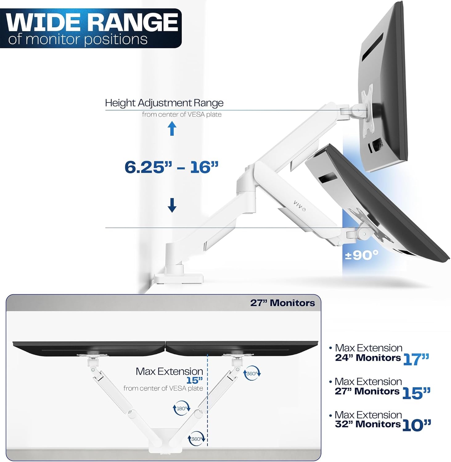 image:imageVIVO Single Monitor Stand Fully Adjustable Arm for 17 to 32 inch Screen Mechanical Articulating Desk Mount Gaming and Office Setups VESA 75x75 100x100 Max 198 lbs Classic Black STANDV001OWhite