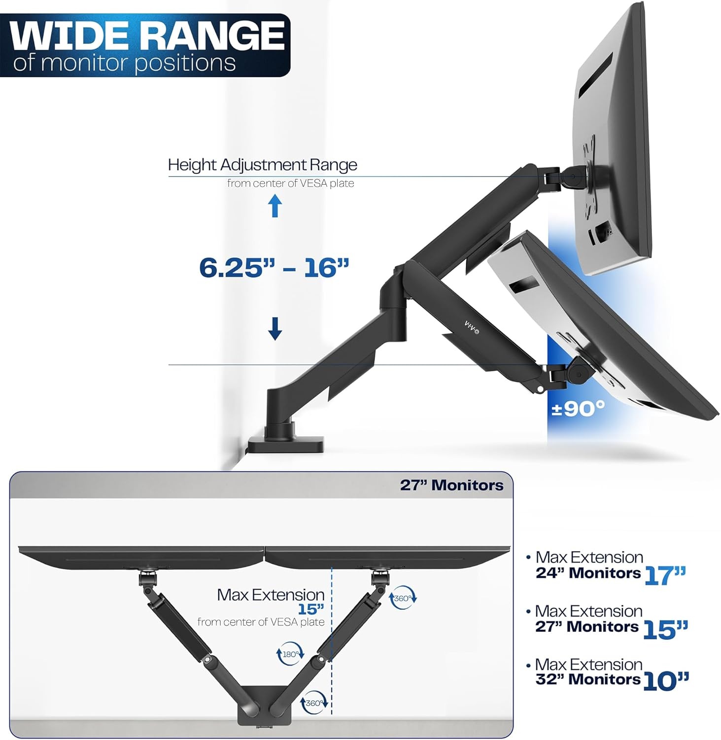 image:imageVIVO Single Monitor Stand Fully Adjustable Arm for 17 to 32 inch Screen Mechanical Articulating Desk Mount Gaming and Office Setups VESA 75x75 100x100 Max 198 lbs Classic Black STANDV001OBlack