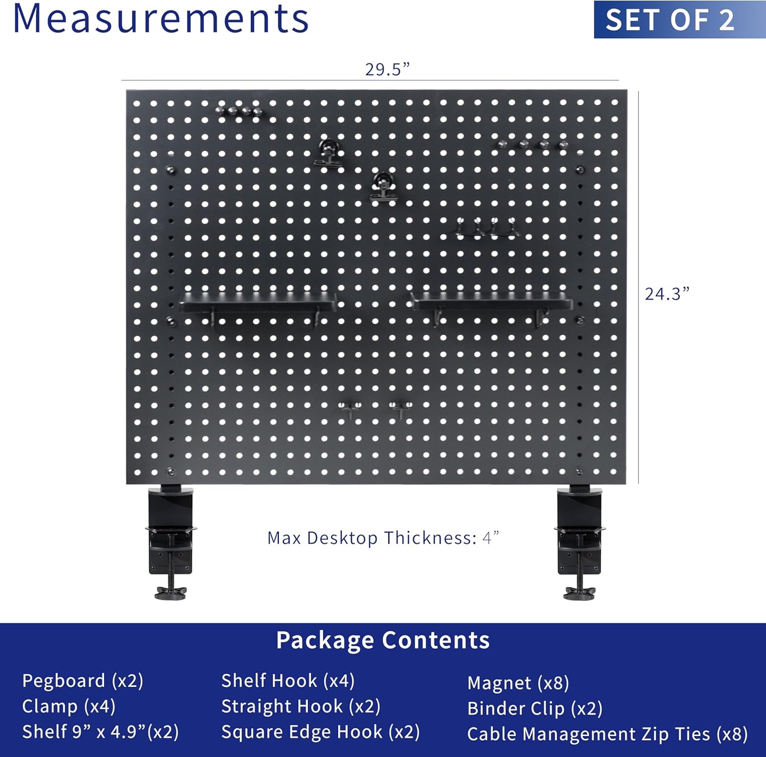 image:imageVIVO Steel Clampon Pegboard 24 x 20 inch Magnetic Peg Board Office Accessory Organizer above or below Desk Placement Black PPDK24BBlack