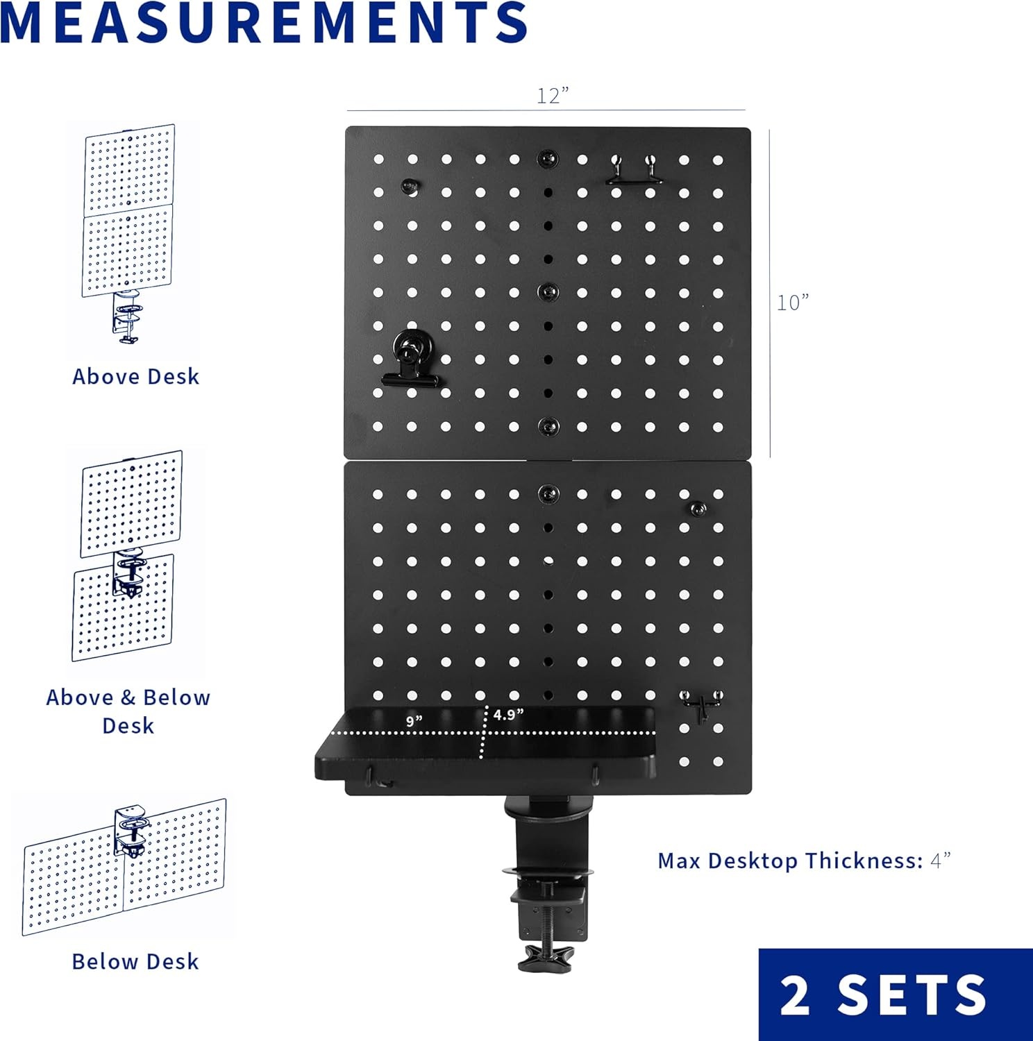 image:imageVIVO Steel Clampon Pegboard 24 x 20 inch Magnetic Peg Board Office Accessory Organizer above or below Desk Placement Black PPDK24BBlack