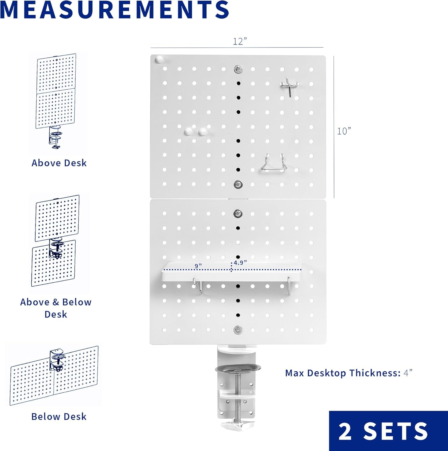 image:imageVIVO Steel Clampon Pegboard 24 x 20 inch Magnetic Peg Board Office Accessory Organizer above or below Desk Placement Black PPDK24BWhite