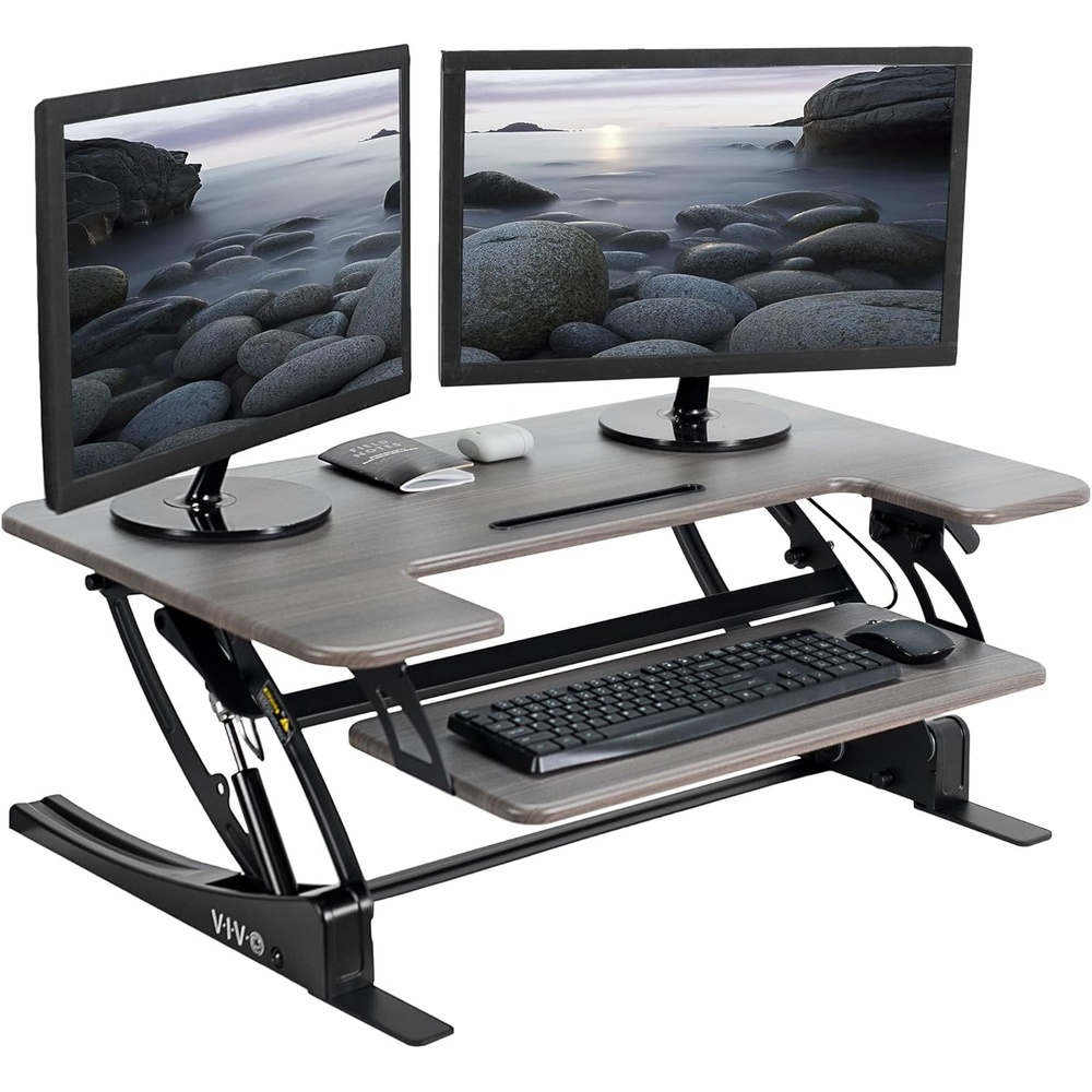 image:imageVIVO 32 inch Height Adjustable Stand Up Desk Converter V Series Quick Sit to Stand Tabletop Dual Monitor Riser Workstation Black DESKV000VSGrey
