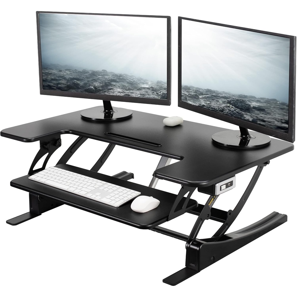 image:imageVIVO 36 inch Electric Height Adjustable Stand Up Desk Converter VE Series Sit to Stand Tabletop Dual Monitor Riser with USB Port Black DESKV000VEBlack