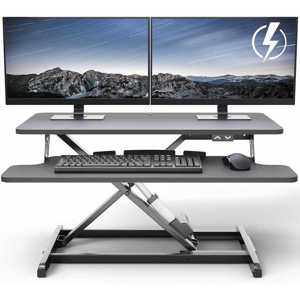 image:imageVIVO 36 inch Electric Motor Desk Converter Height Adjustable Riser Sit to Stand Dual Monitor and Laptop Workstation with Wide Keyboard Tray Black DESKVE36BBlack