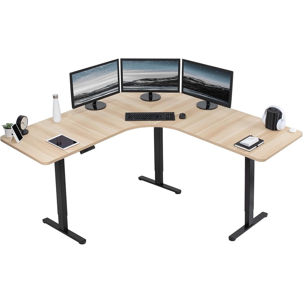 image:imageVIVO Electric Height Adjustable 71 x 71 inch Curved Corner Stand Up Desk Black Table Top Black Frame Memory Controller LShaped Workstation E3C Series DESKKITE3CB2Light Wood Top Black Frame