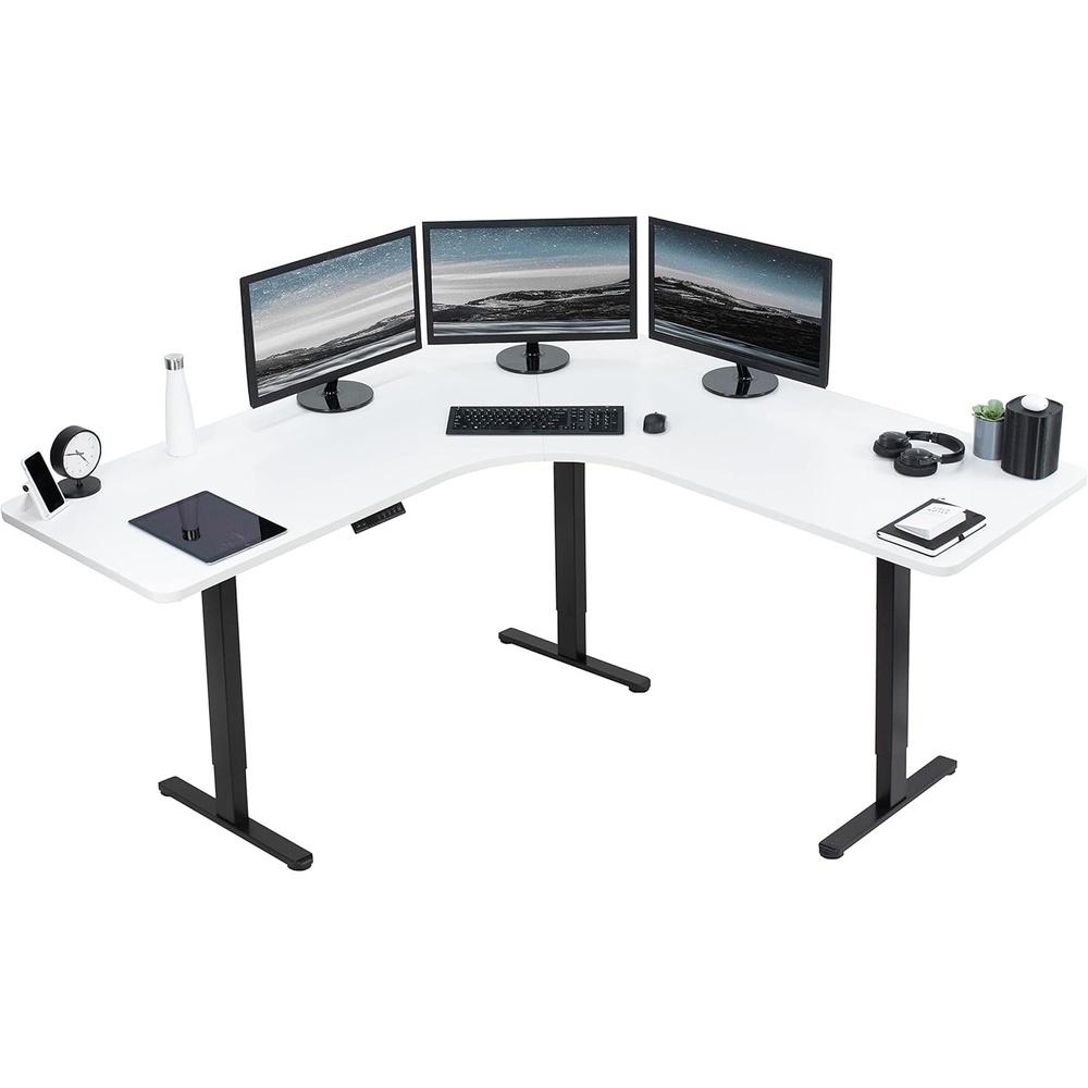 image:imageVIVO Electric Height Adjustable 71 x 71 inch Curved Corner Stand Up Desk Black Table Top Black Frame Memory Controller LShaped Workstation E3C Series DESKKITE3CB2White Top Black Frame